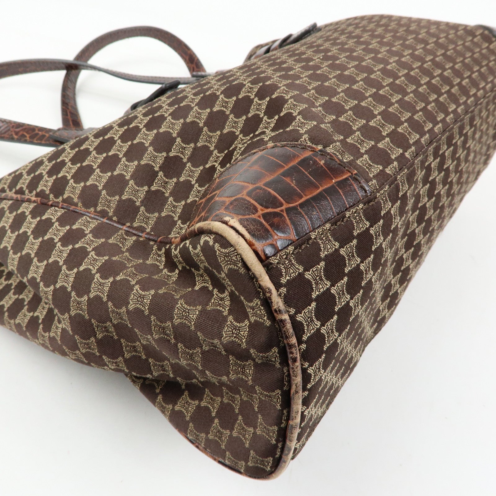 CELINE Macadam Embsossed Leather Canvas Tote Bag Hand Bag Brown