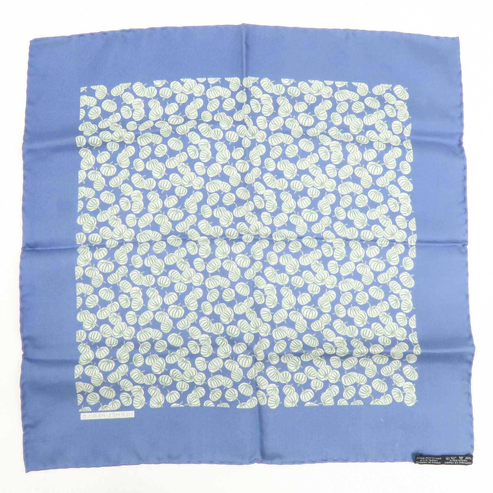 HERMES Logo Silk 100% Scarf 42×42 Pumpkin Blue Green