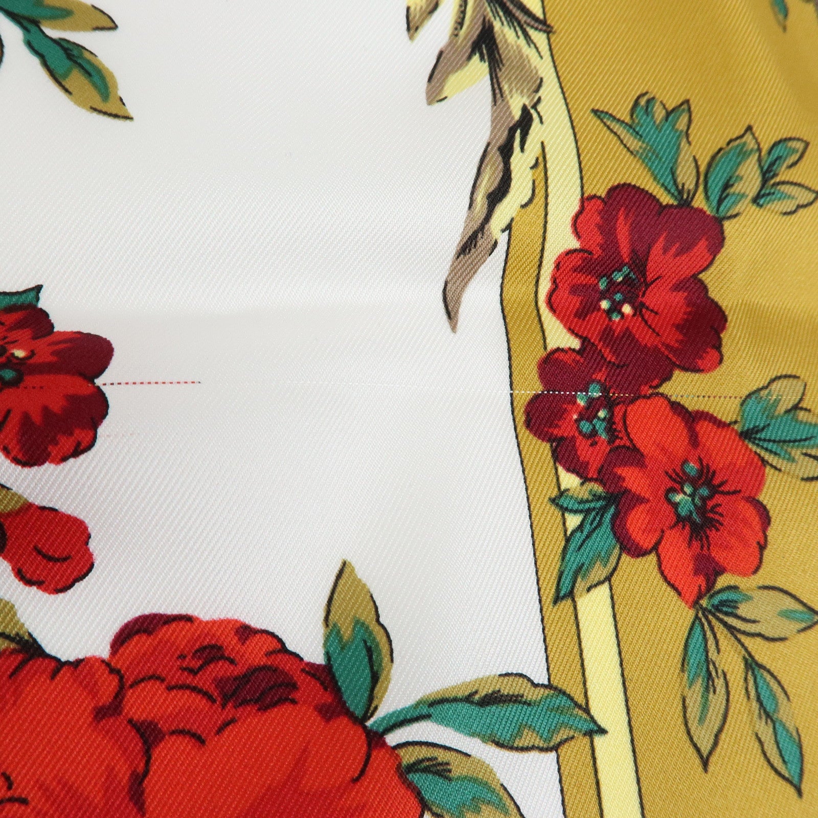 CHANEL Silk 100% Scarf COCO Mark Flower Motif Gold Red