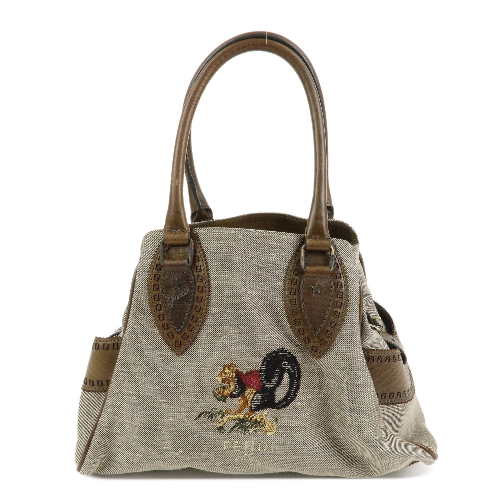 FENDI Etnico Squirrel Embroidery Tote Bag Shoulder Bag Gray 8BN157