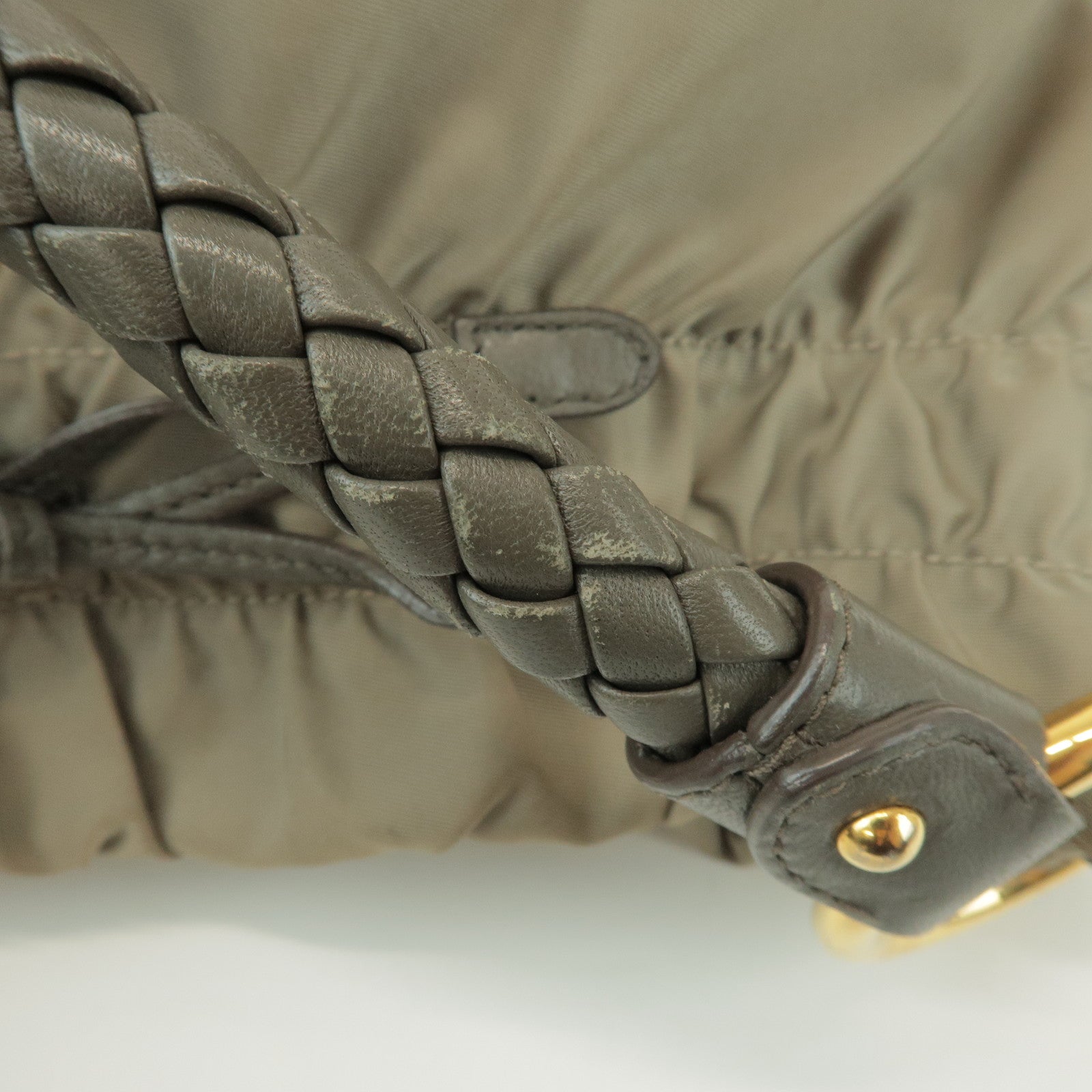 PRADA Gathered Ribbon Nylon Shoulder Bag Hand Bag Khaki BR4237