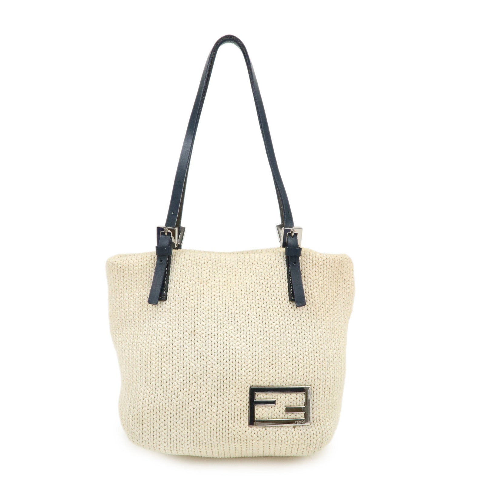 FENDI Logo Wool Leather Hand Bag Shoulder Bag Ivory Navy 26731