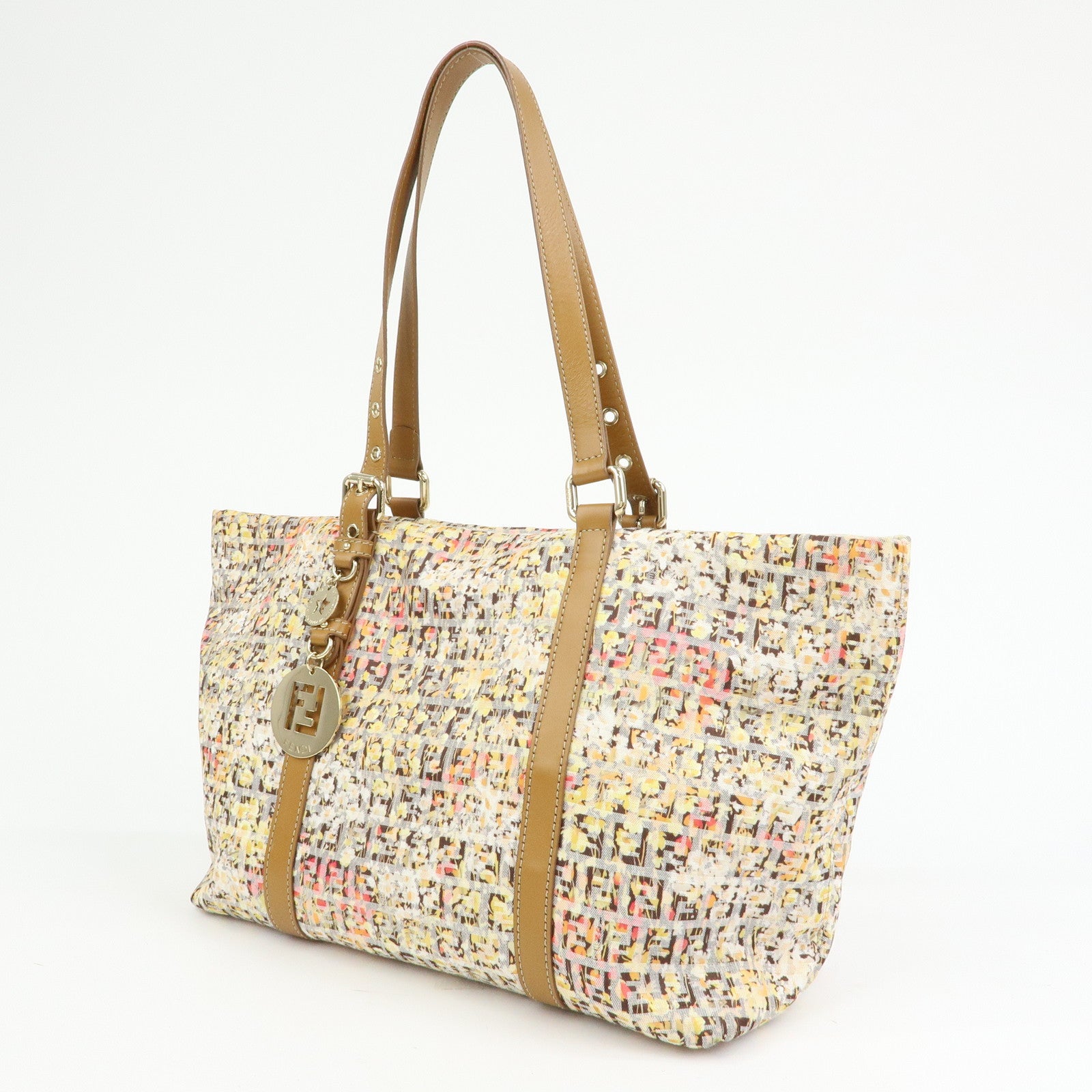FENDI Zucchino Canvas Leather Flower Print Tote Bag Hand Bag 8BH215