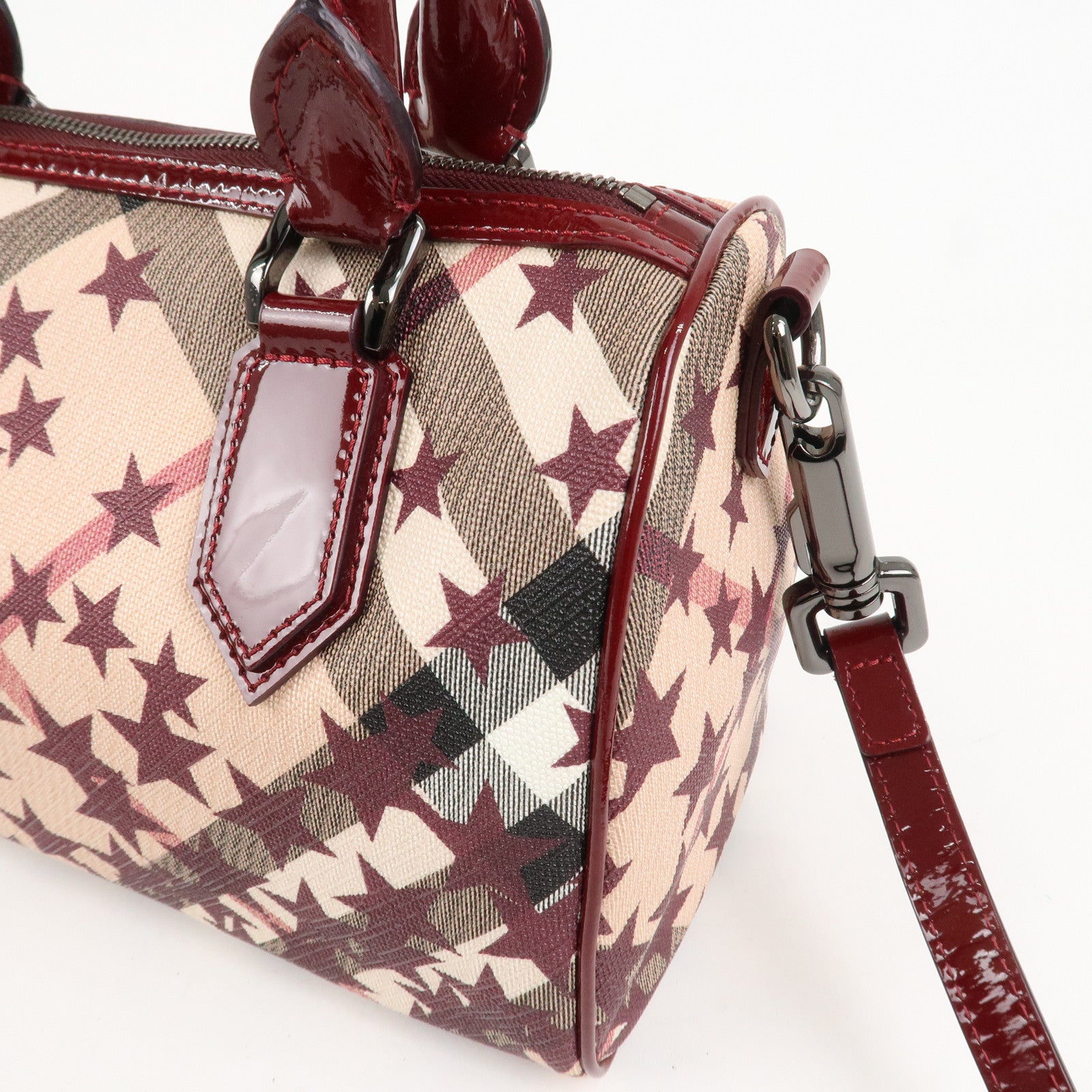 BURBERRY PVC Canvas Patent Leather Boston Bag Beige Bordeaux