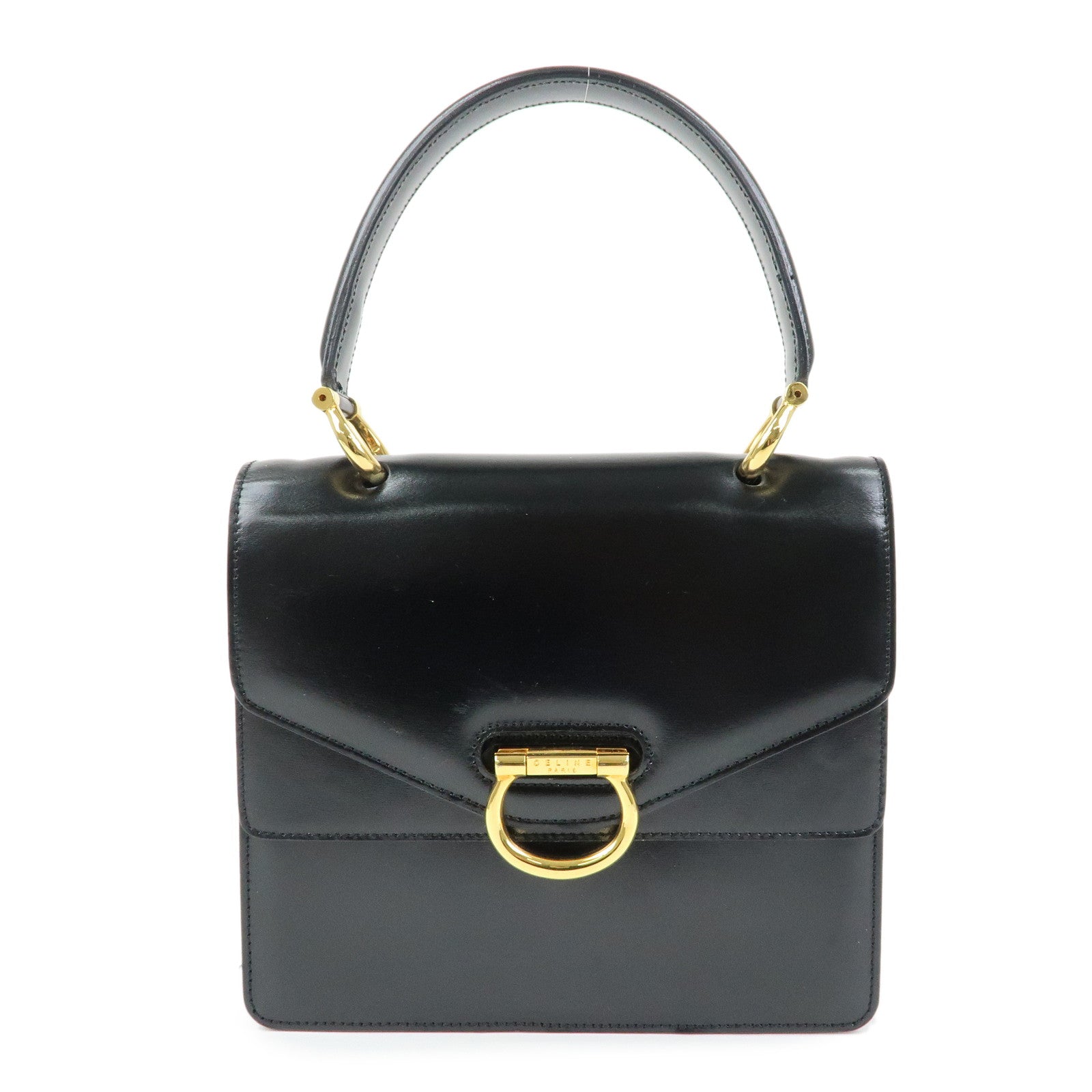 CELINE Leather Double Flap Hand Bag Black