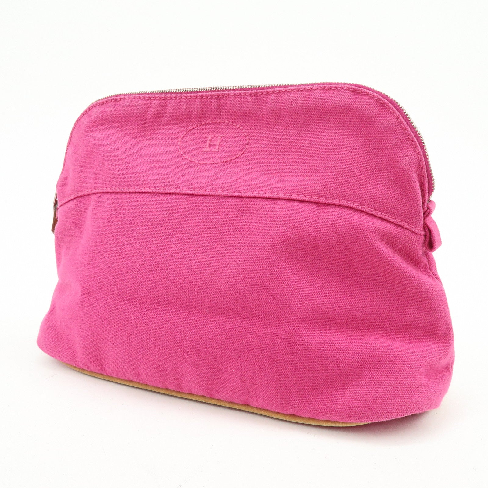 HERMES Bolide Pouch MM Cotton Leather Cosmetic Makeup Pouch Pink