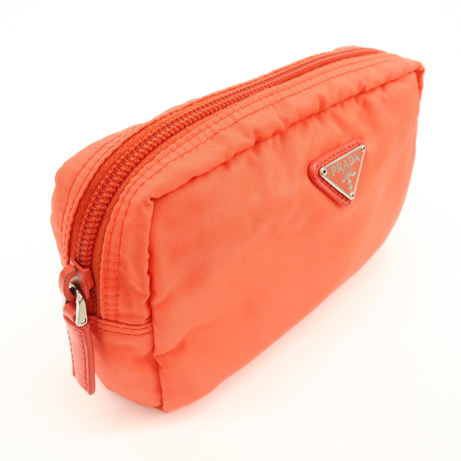 PRADA Triangel Logo Nylon Leather Pouch Cosmetic Case Coral