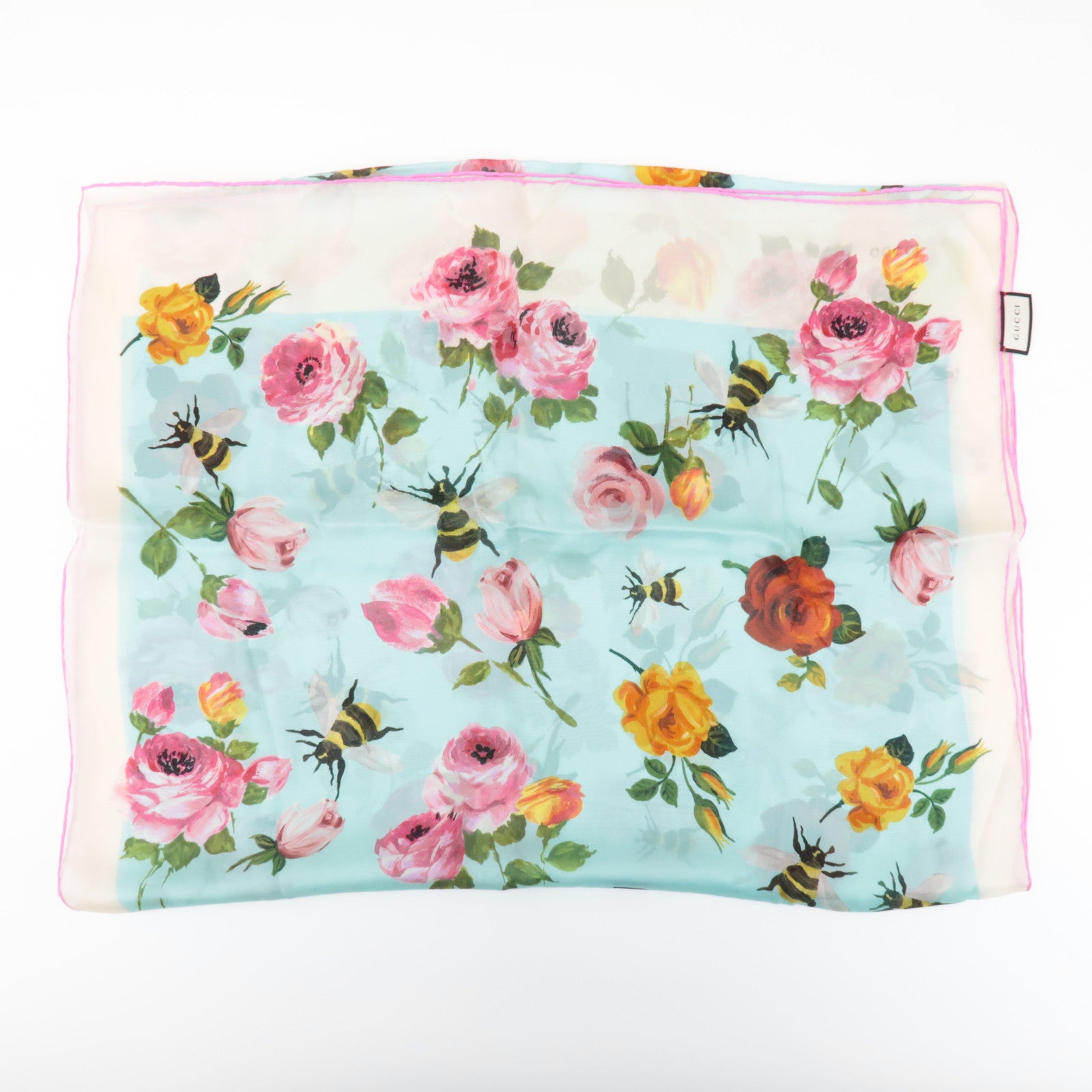 GUCCI Silk 100% 64 ×192 Floral Honey Bee Print Scarf Blue