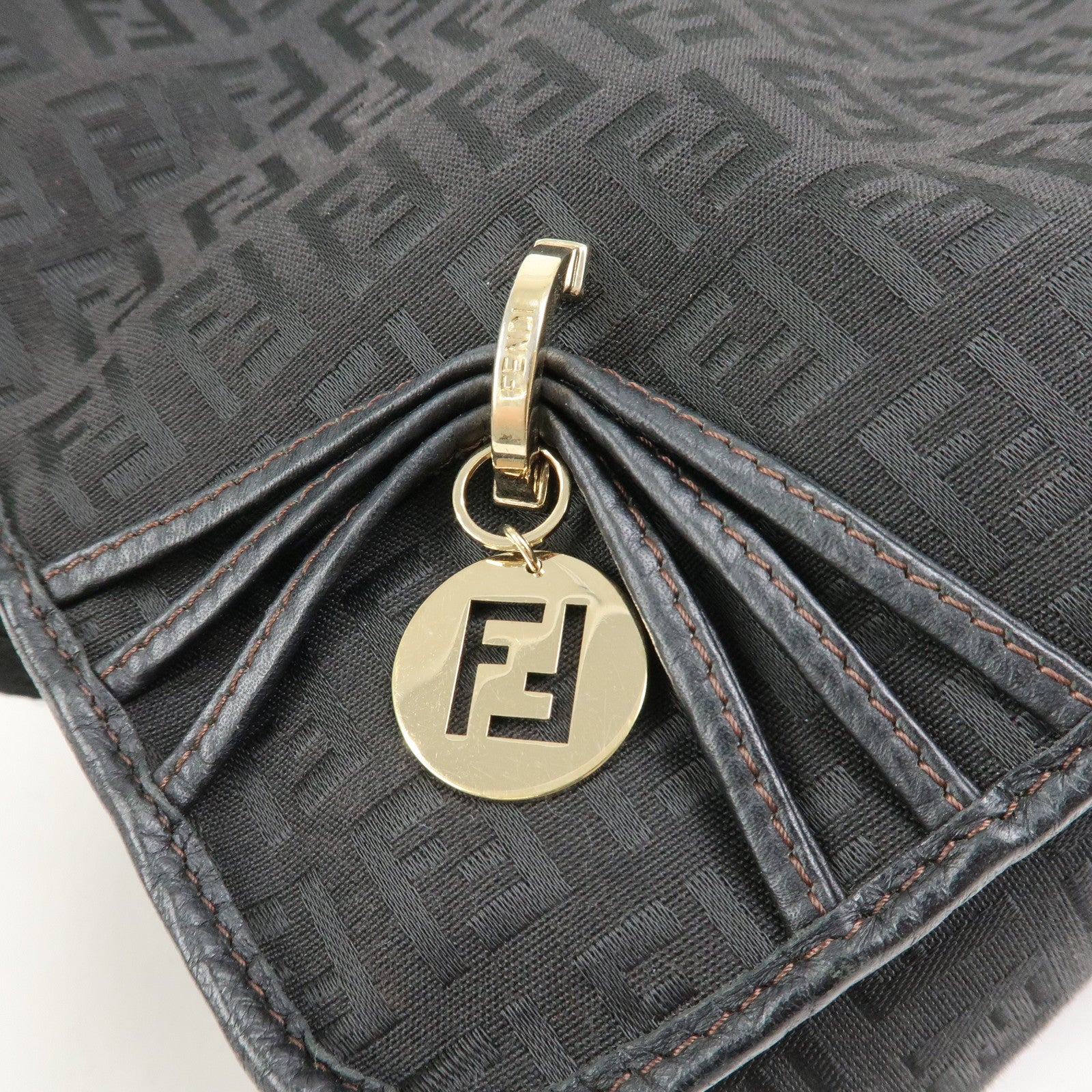 FENDI Zucchino Canvas Leather Shoulder Crossbody Bag Black 8BT090