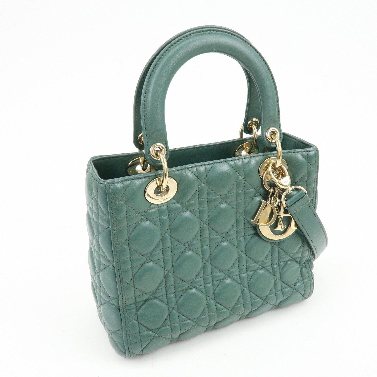 Christian Dior Lady Dior Cannage Lamb Skin 2Way Bag Hand Bag Green