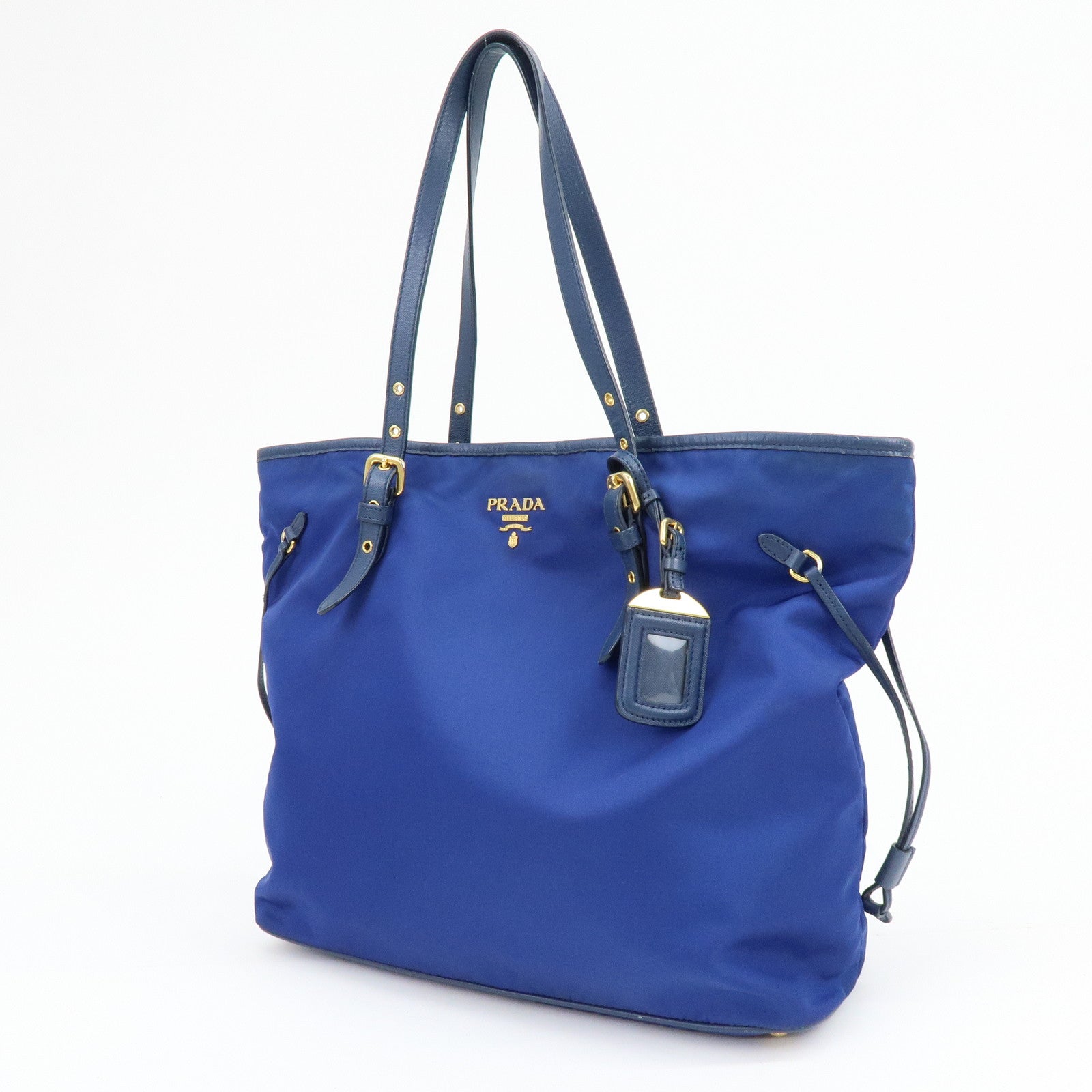 PRADA Logo Nylon Leather Tote Bag Shoulder Bag Blue BR4997