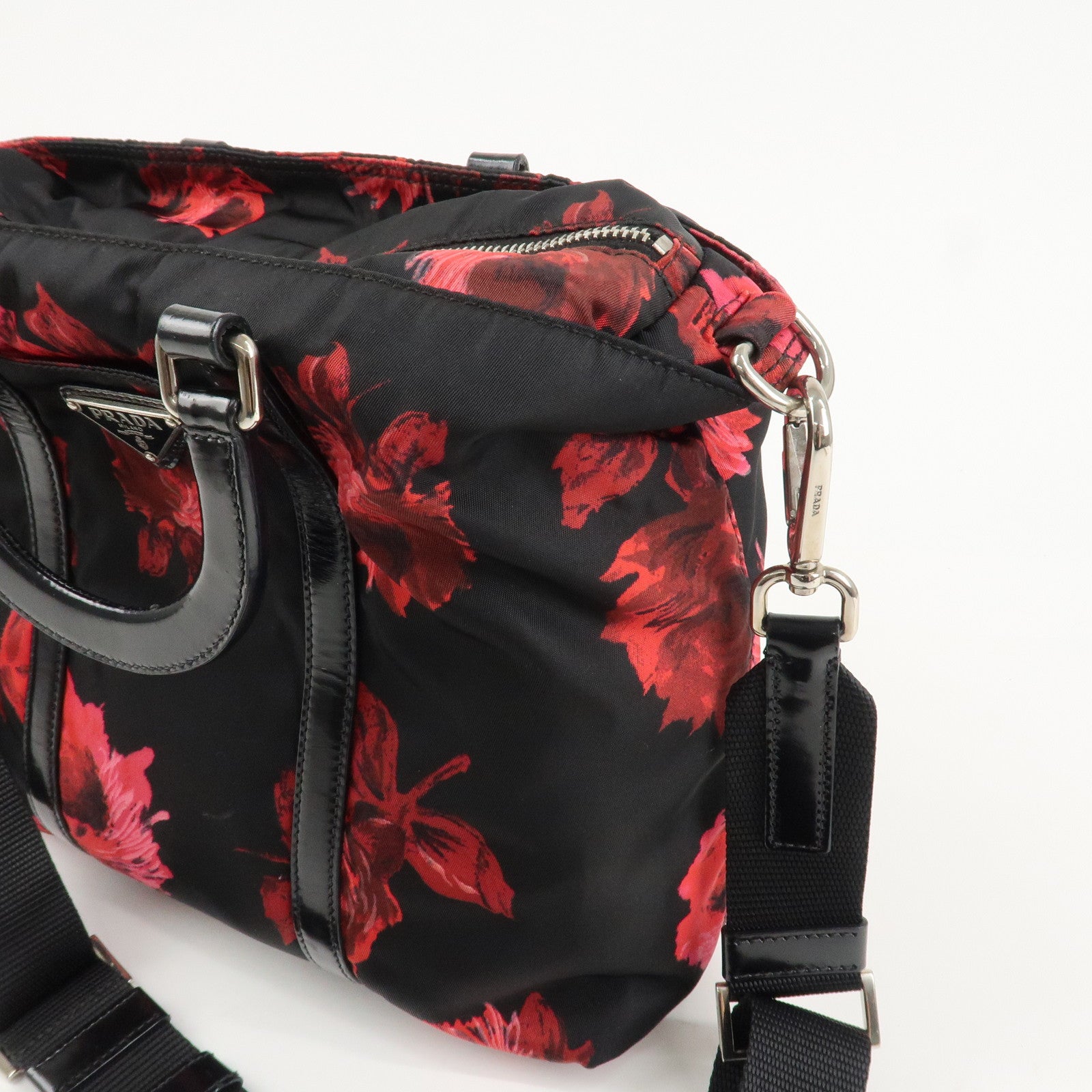 PRADA Triangle Logo Nylon Patent Leather 2Way Bag Flower BN1066 Used