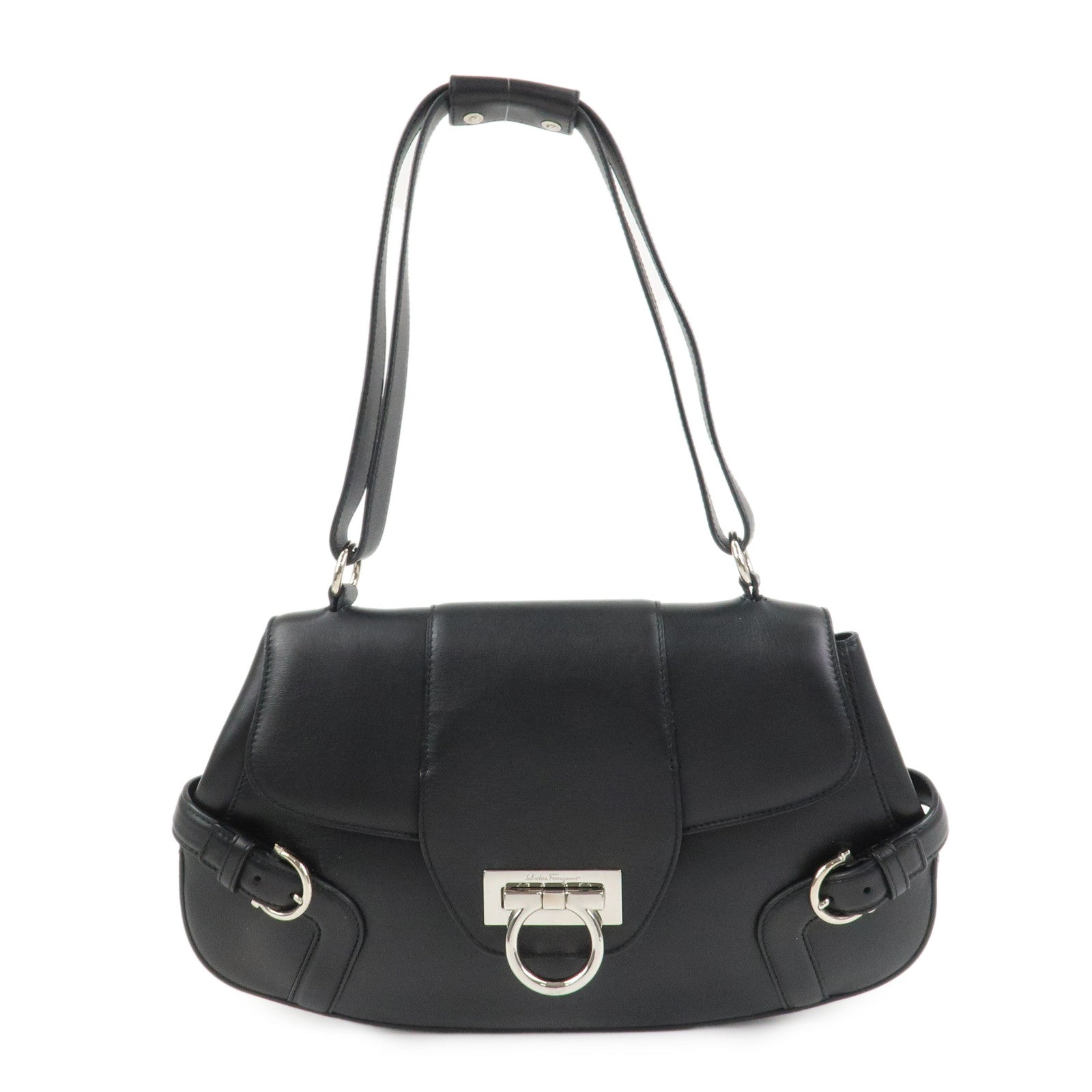 Ferragamo Gancini Leather Shoulder Bag Hand Bag Black AQ-21 4935