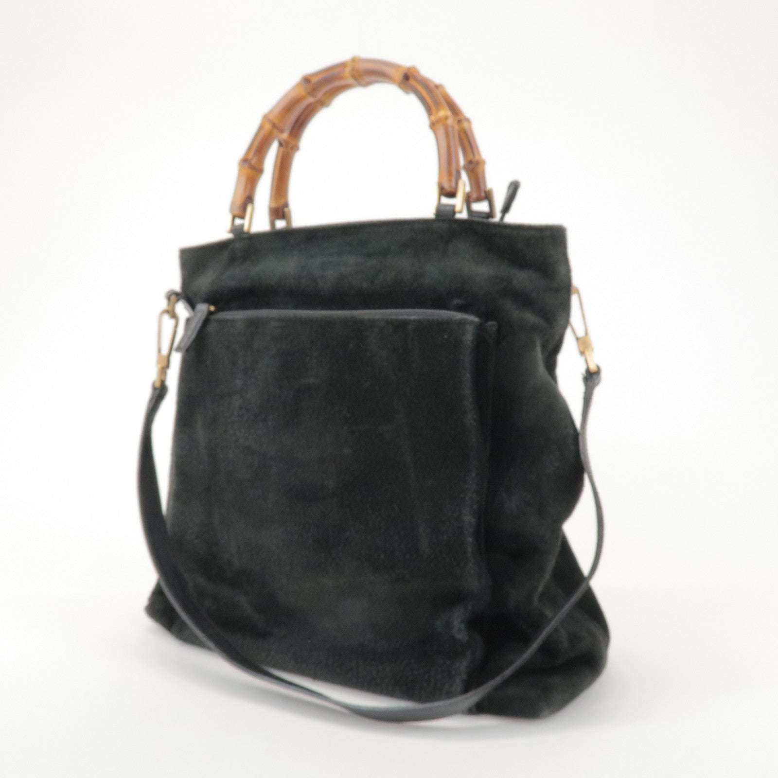 GUCCI Bamboo Suede 2Way Bag Hand Bag Shoulder Bag Black 0022122