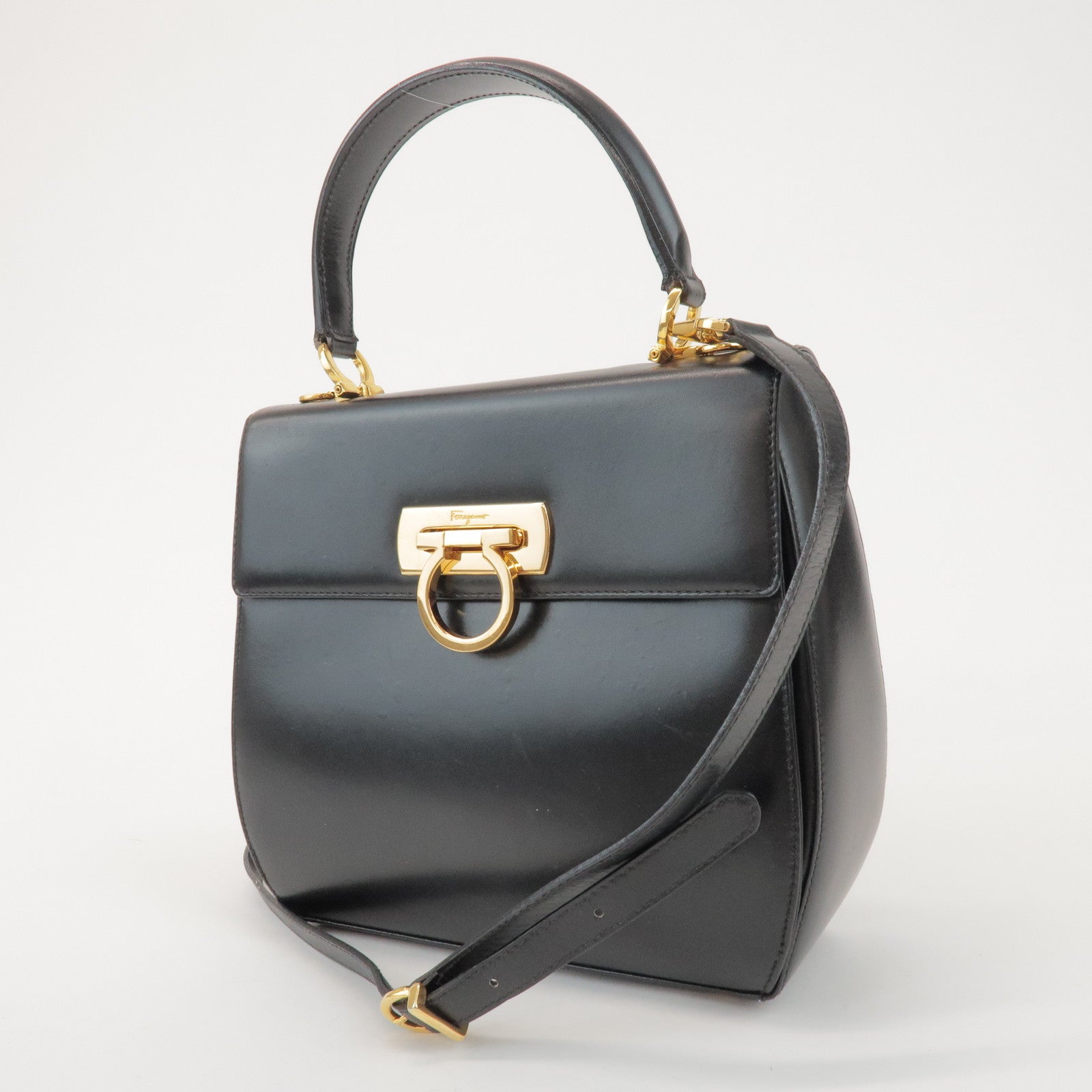Ferragamo Gancini Calf Leather 2Way Bag Hand Shoulder Bag Black