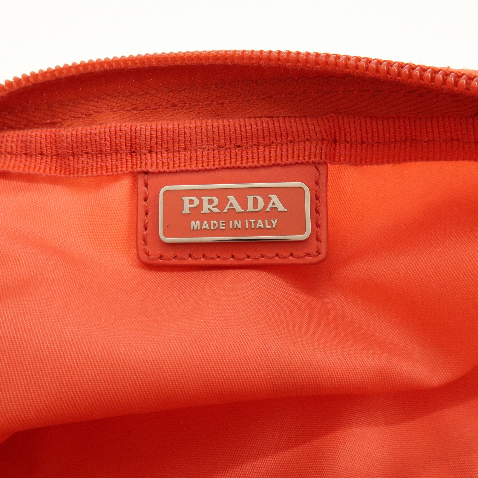 PRADA Triangel Logo Nylon Leather Pouch Cosmetic Case Coral