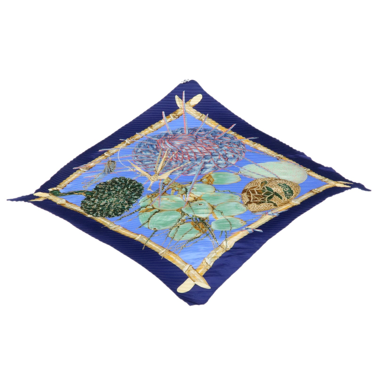 HERMES Pleated Carre 90 Silk 100% Scarf Jardin Creole Navy