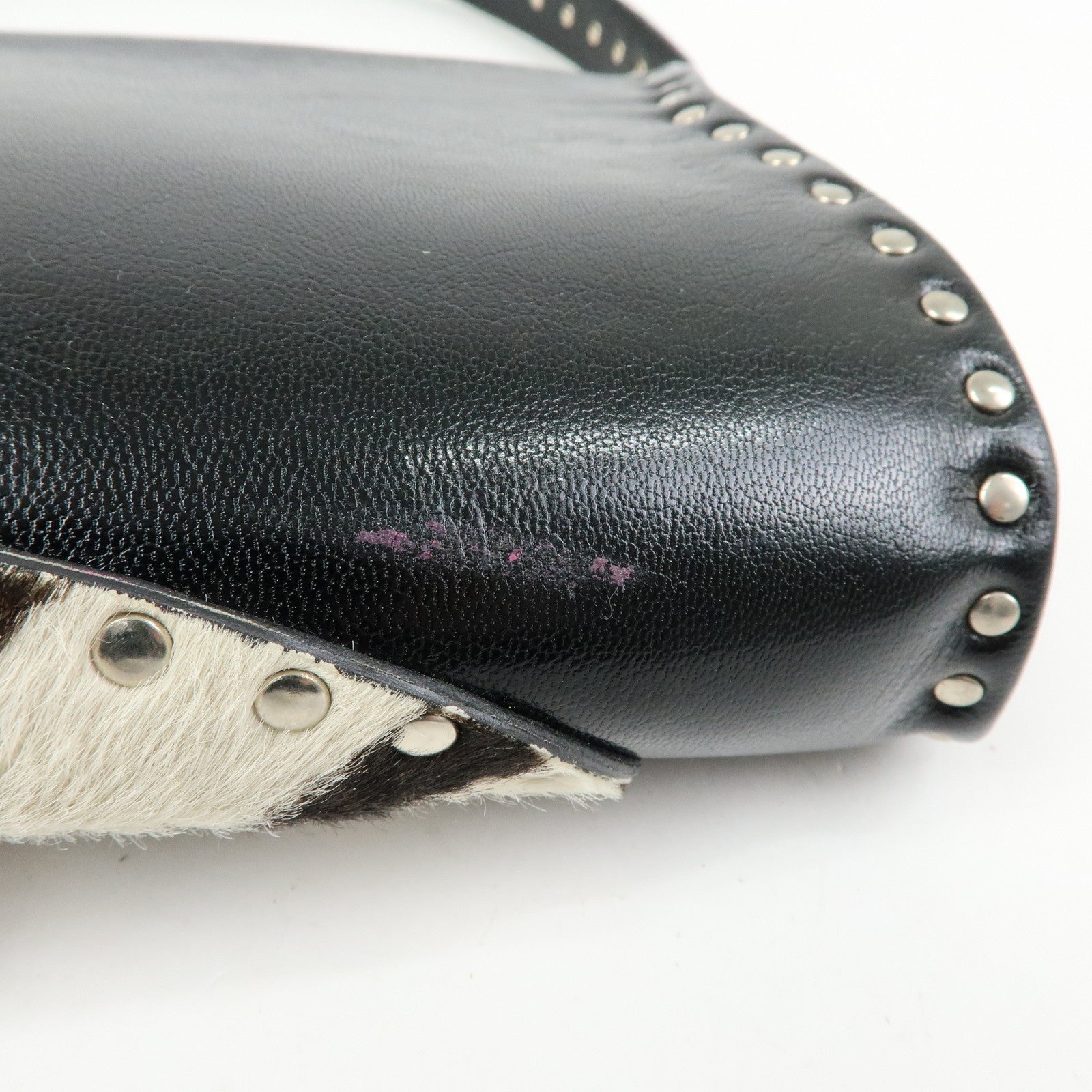 CELINE Haircalf Leather Studs Hand Bag Zebra Print Black White