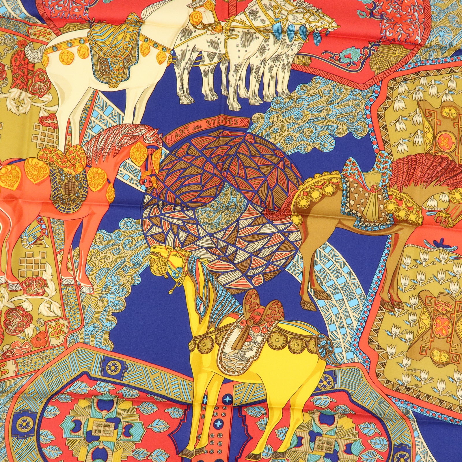 HERMES Carre 90 Silk 100% Scarf ART des STEPPES Horse Print Navy