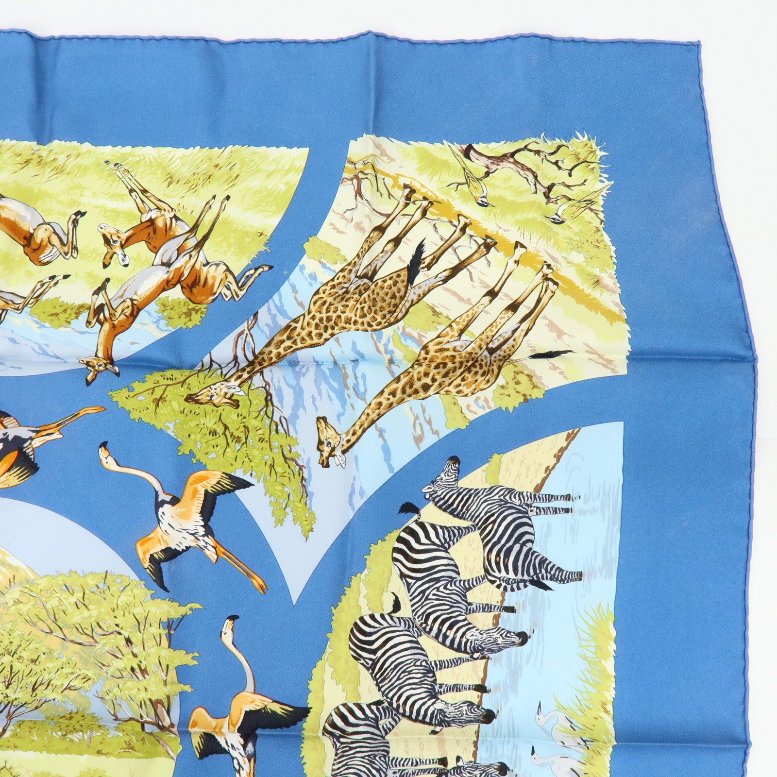 HERMES Carre 90 Silk 100% Scarf Tanzanie Animal Print Blue Green