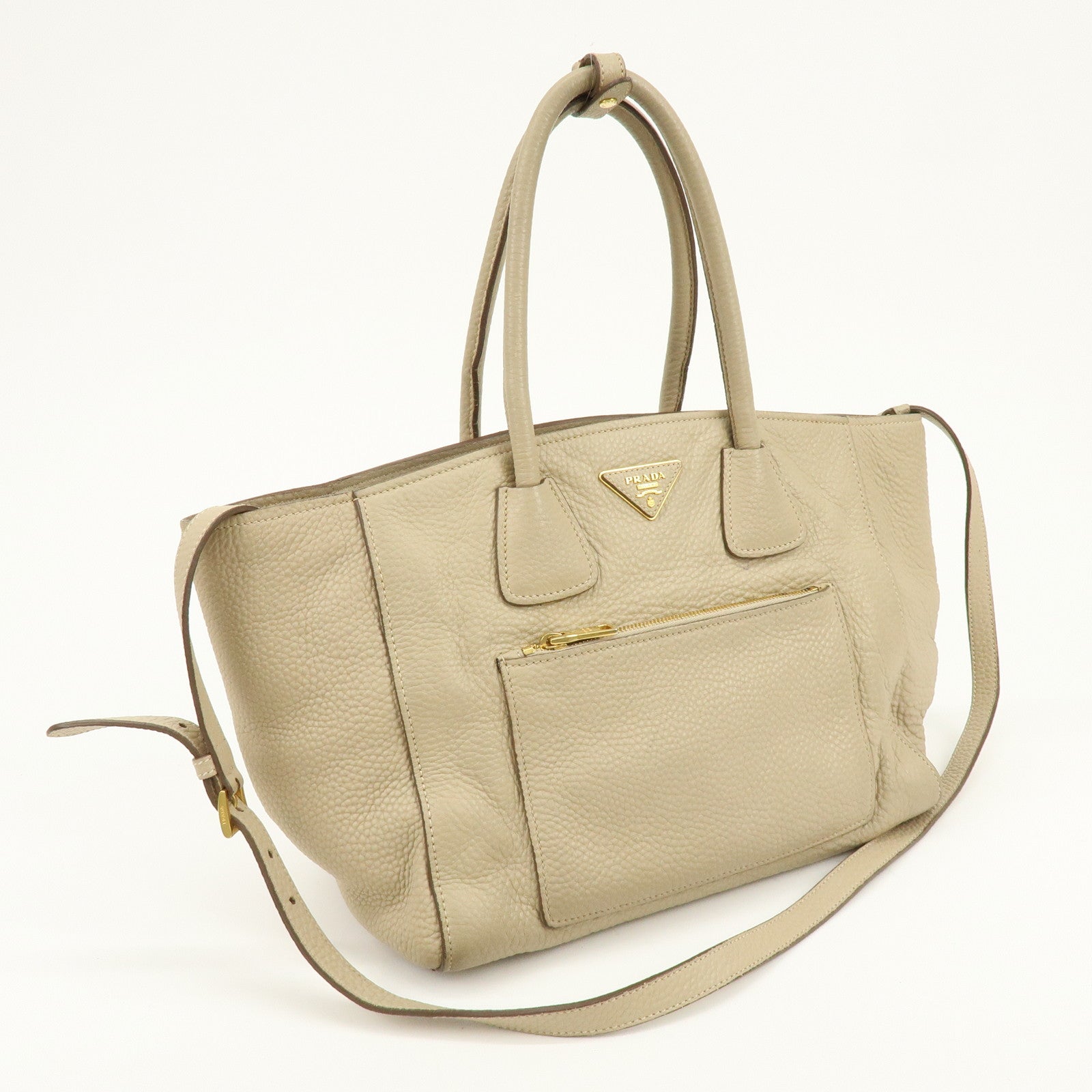 PRADA Triangle Logo Leather 2Way Hand Shoulder Bag Beige BN2795
