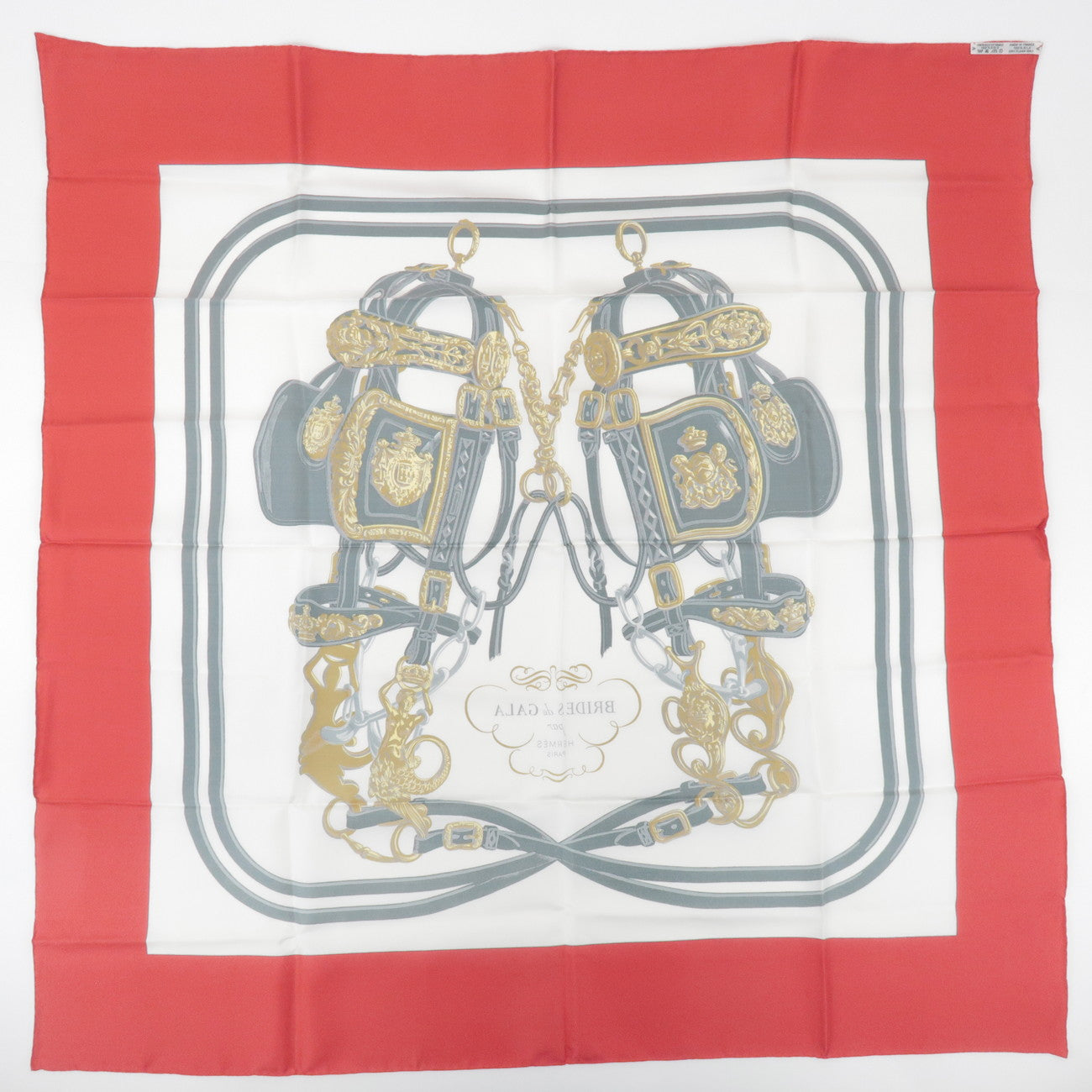 HERMES Carre 90 Silk 100% Scarf BRIDES DE GALA Gray Gold Red