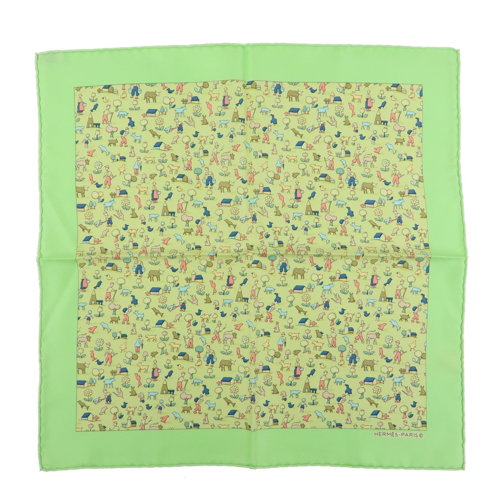HERMES Petit Carre 40 Silk 100% Mini Scarf Farm Motif Green Yellow