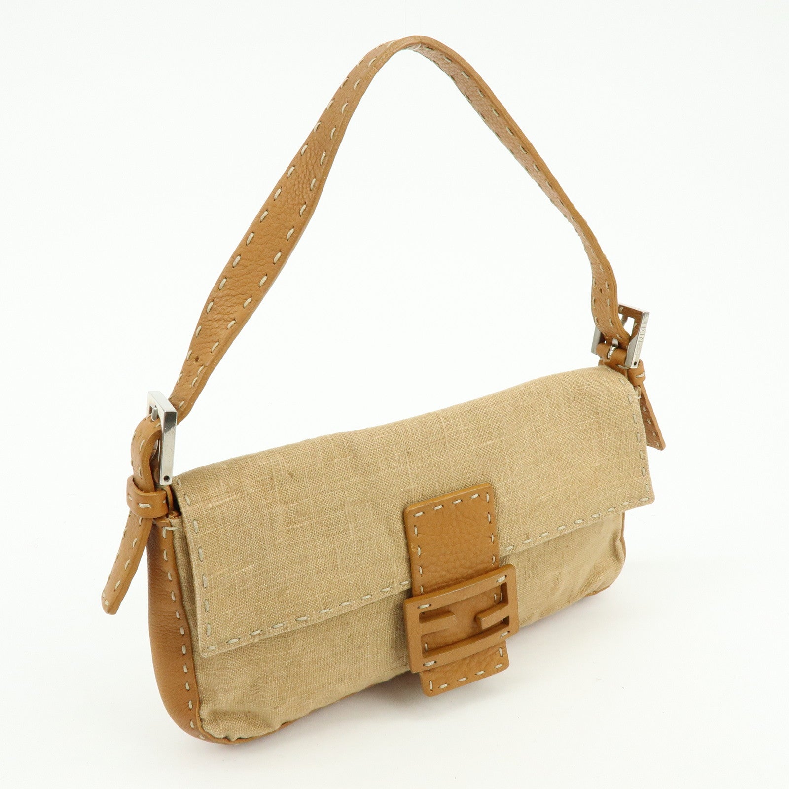 FENDI Mamma Baguette Selleria Linen Leather Shoulder Bag 8BR101