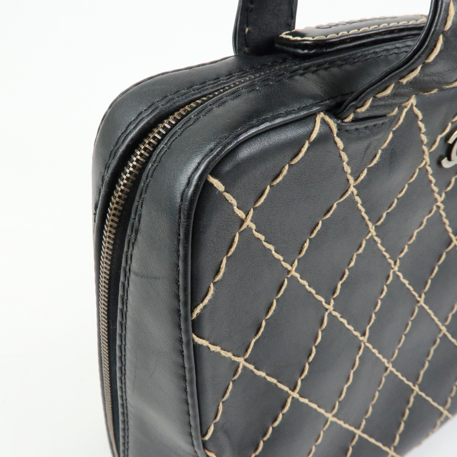 CHANEL Wild Stitch COCO Mark Leather Hand Bag Tote Bag Black A14693
