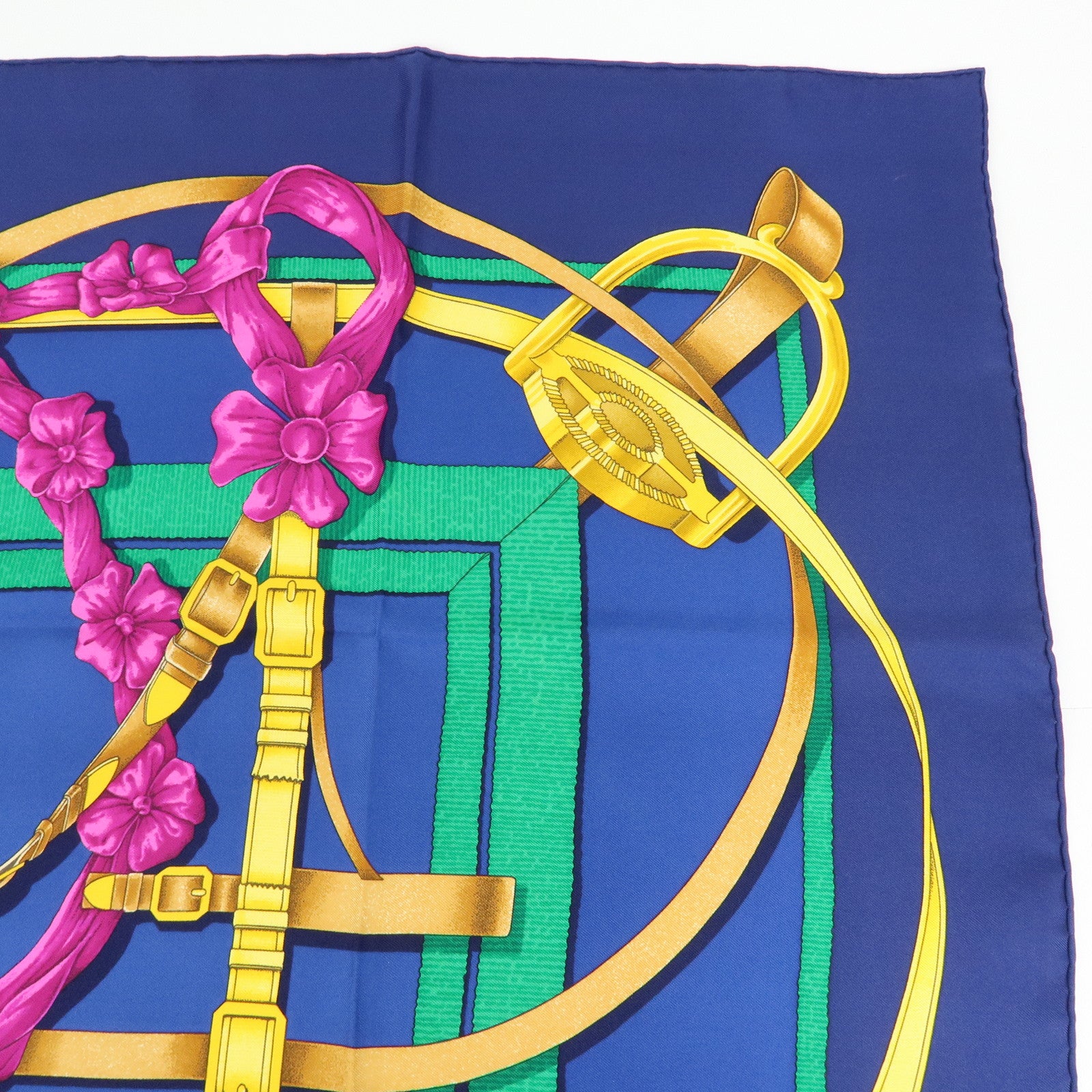 HERMES Carre 90 Silk 100% Scarf Grand Manege Detail Blue Gold