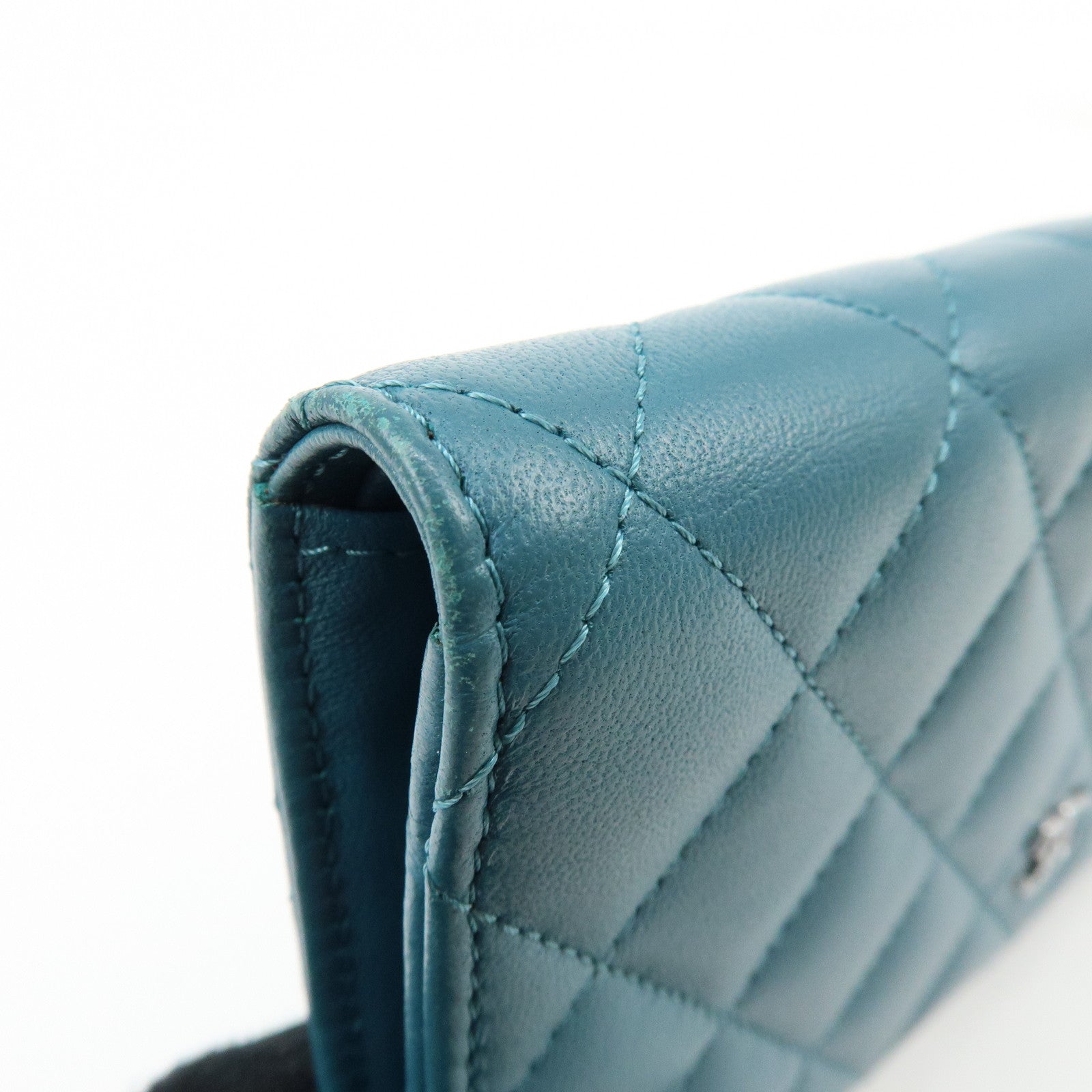CHANEL COCO Mark Matelasse Lamb Skin Bi-fold Flap Long Wallet Blue