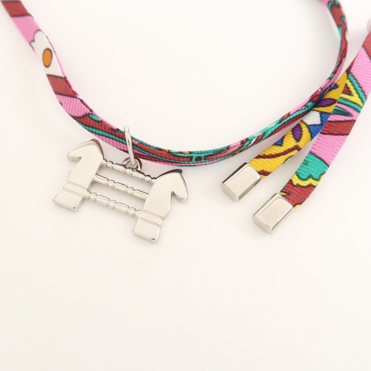 HERMES Tourbillon Stainless Steel Silk Necklace Choker Silver Pink