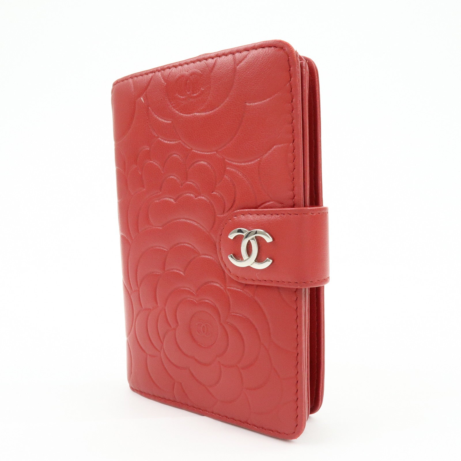 CHANEL Camellia COCO Mark Lamb Skin Bi-fold Compact Wallet Red