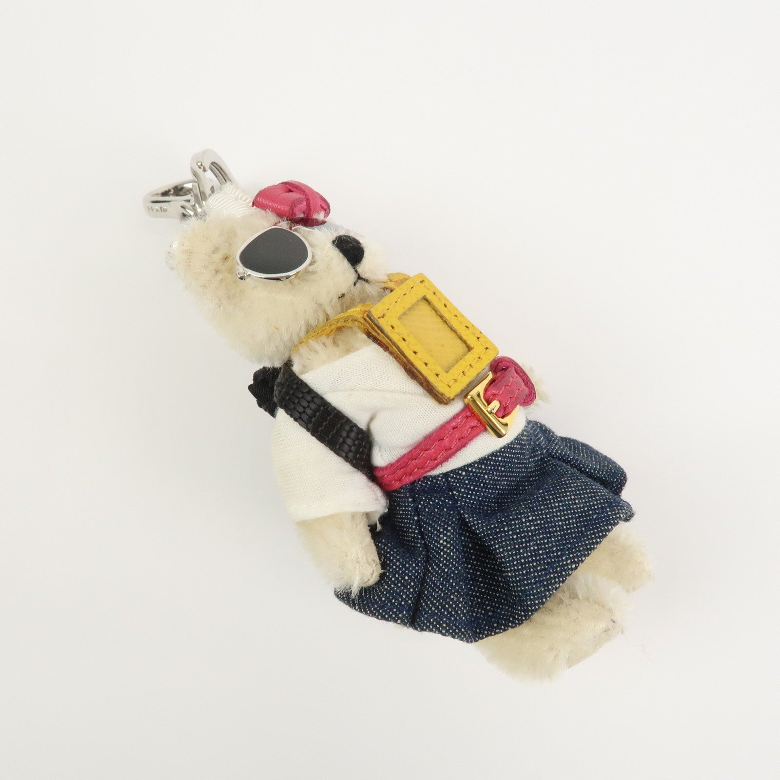 PRADA Triangle Logo Teddy Bear Bag Key Charm Denim Multicolor