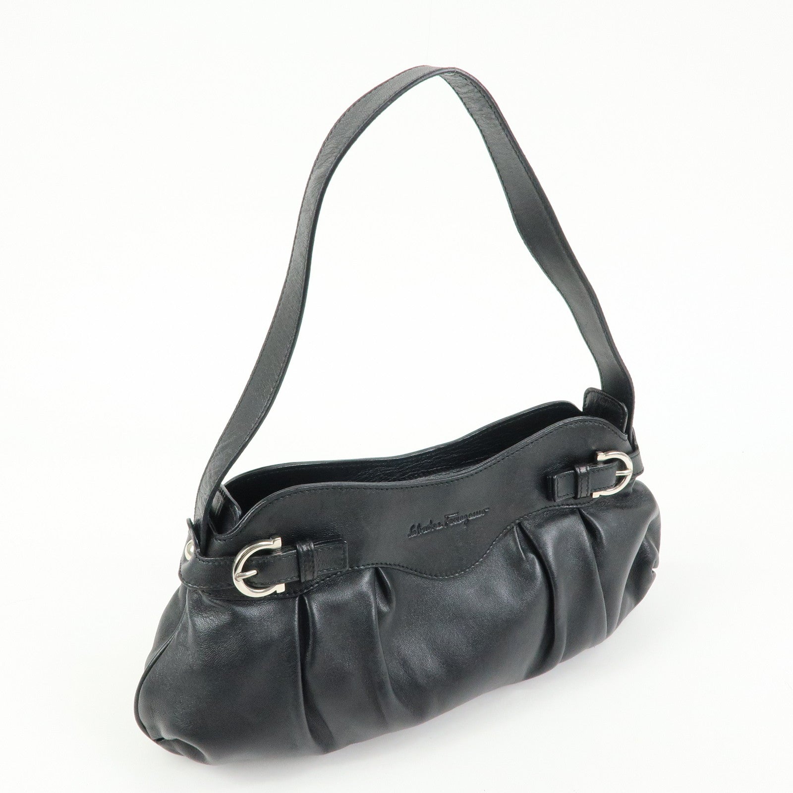 Ferragamo Gancini Leather Shoulder Bag Hand Bag Black