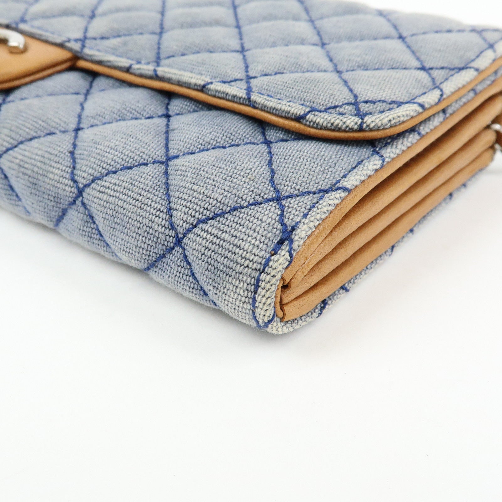 CHANEL Matelasse Denim Leather Chain Shoulder Bag Blue Light Brown