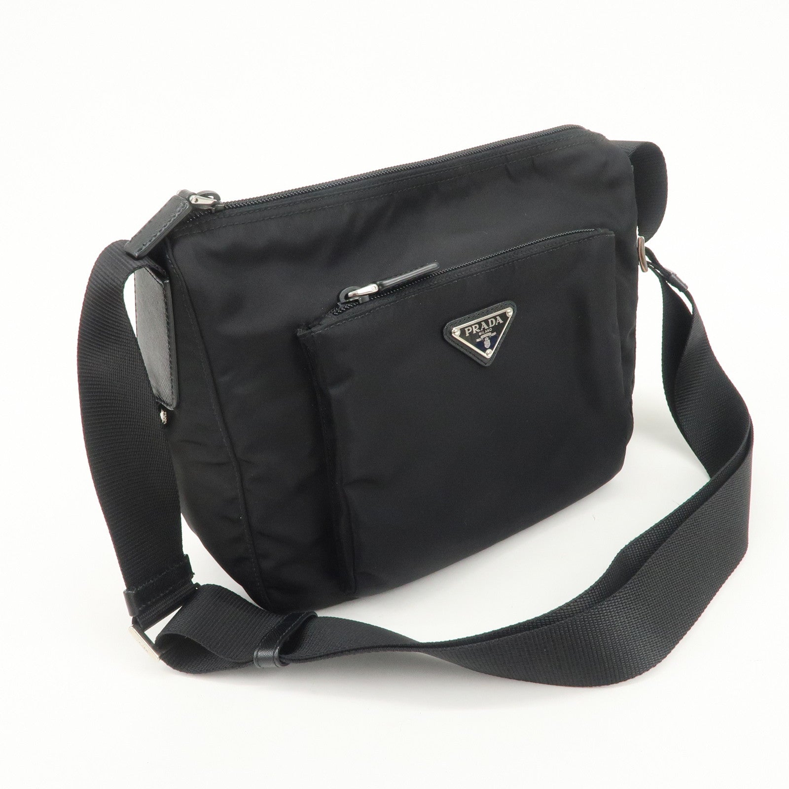 PRADA Triangle Logo Nylon Saffiano Leather Shoulder Bag Black
