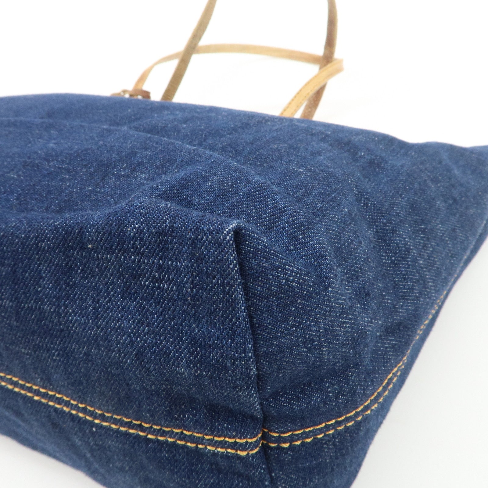 FENDI Denim Tote Bag Hand Bag Logo Charm Navy