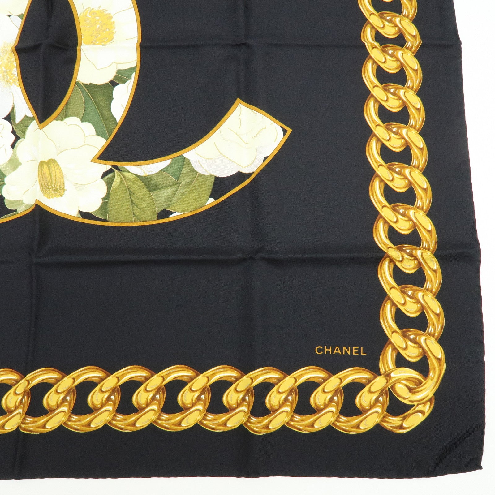 CHANEL COCO Mark Silk 100% Scarf Camellia Black Gold