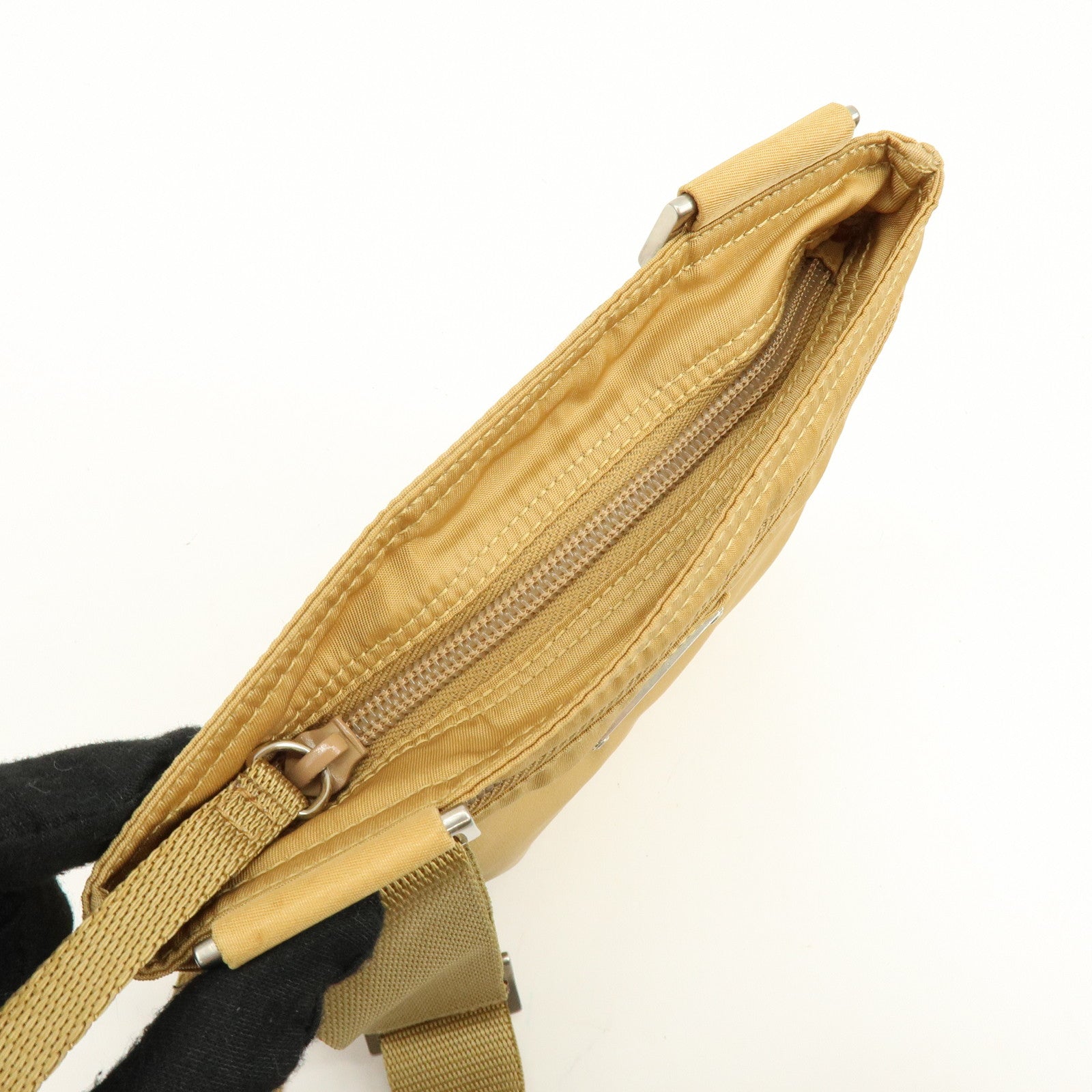 PRADA Triangle Logo Nylon Leather Shoulder Bag Beige B7372