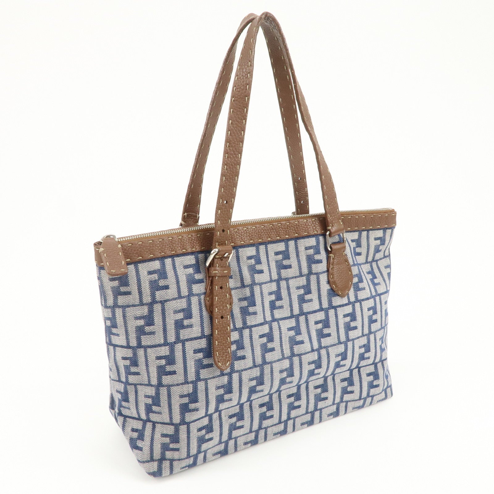 FENDI Zucca Seleria Denim Leather Tote Bag Hand Bag Blue 8BH179