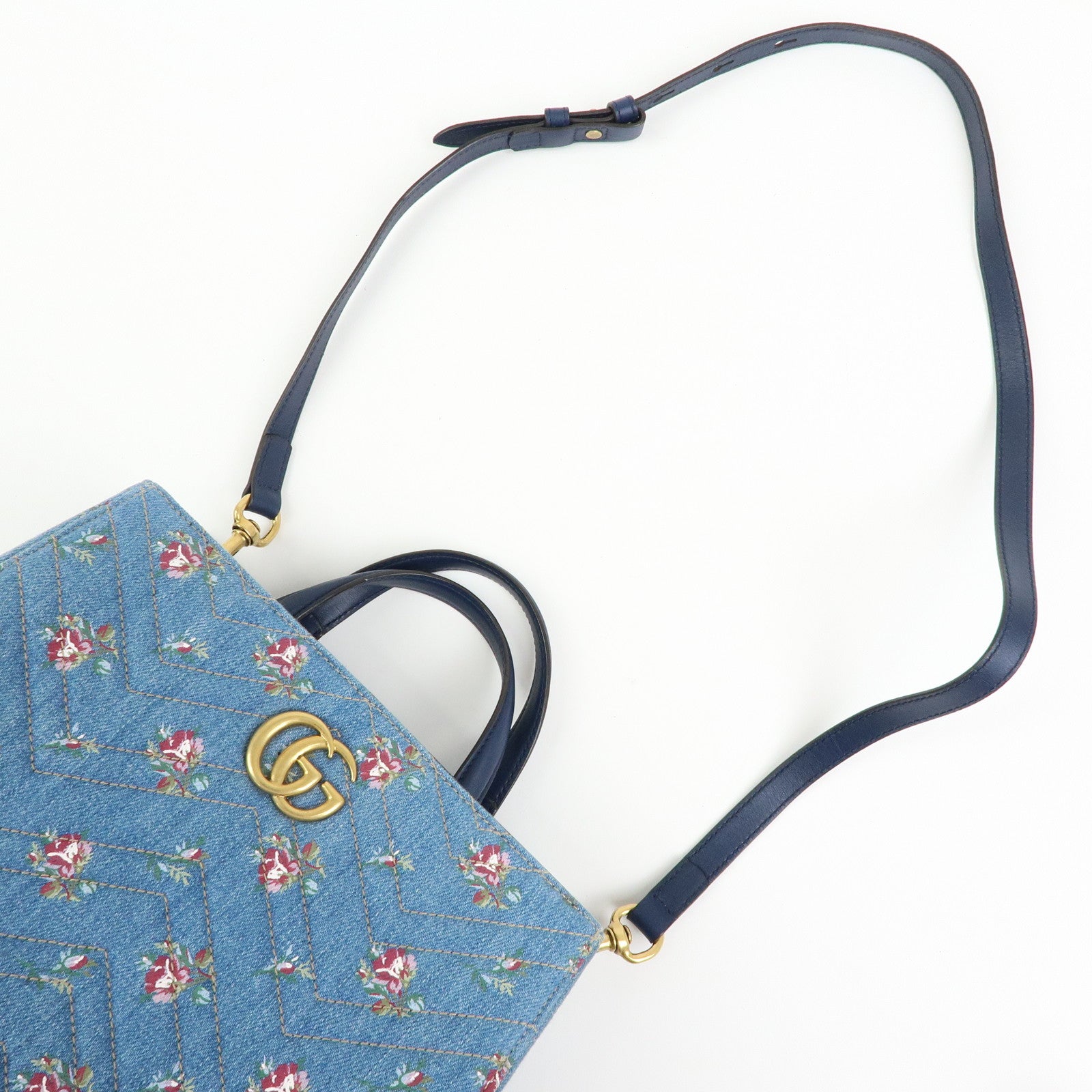 GUCCI GG Marmont Denim Leather 2Way Bag Flower Motif Navy 448054