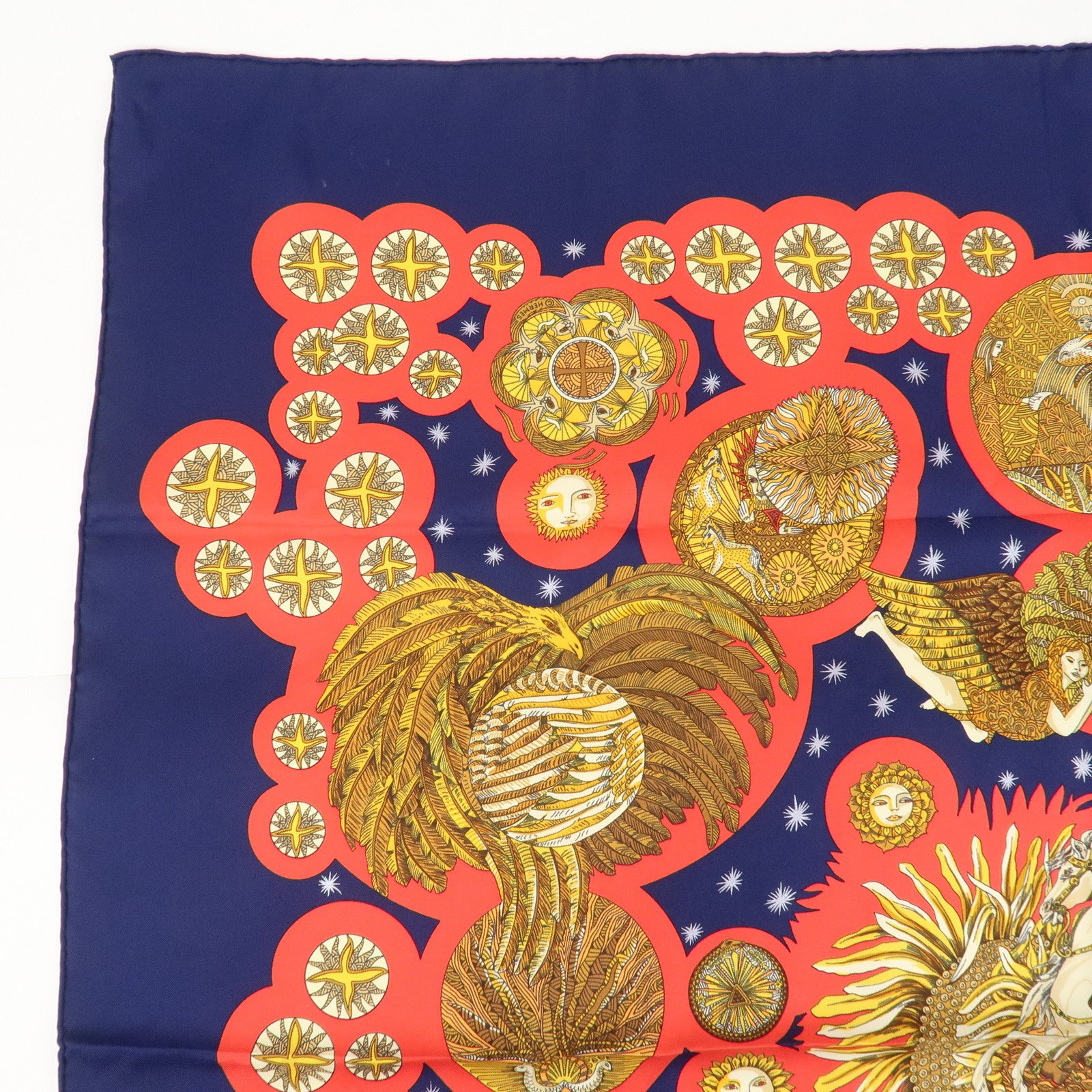 HERMES Pleats Carre Silk 100% Scarf Le Roy Soleil Navy Red Used