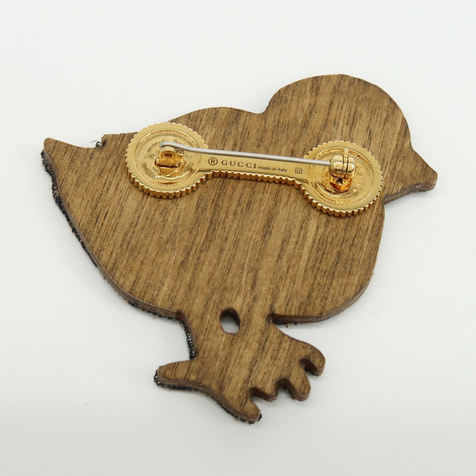 GUCCI Interlocking G Bird Motif Wood Brooch Breast Pin Red Blue
