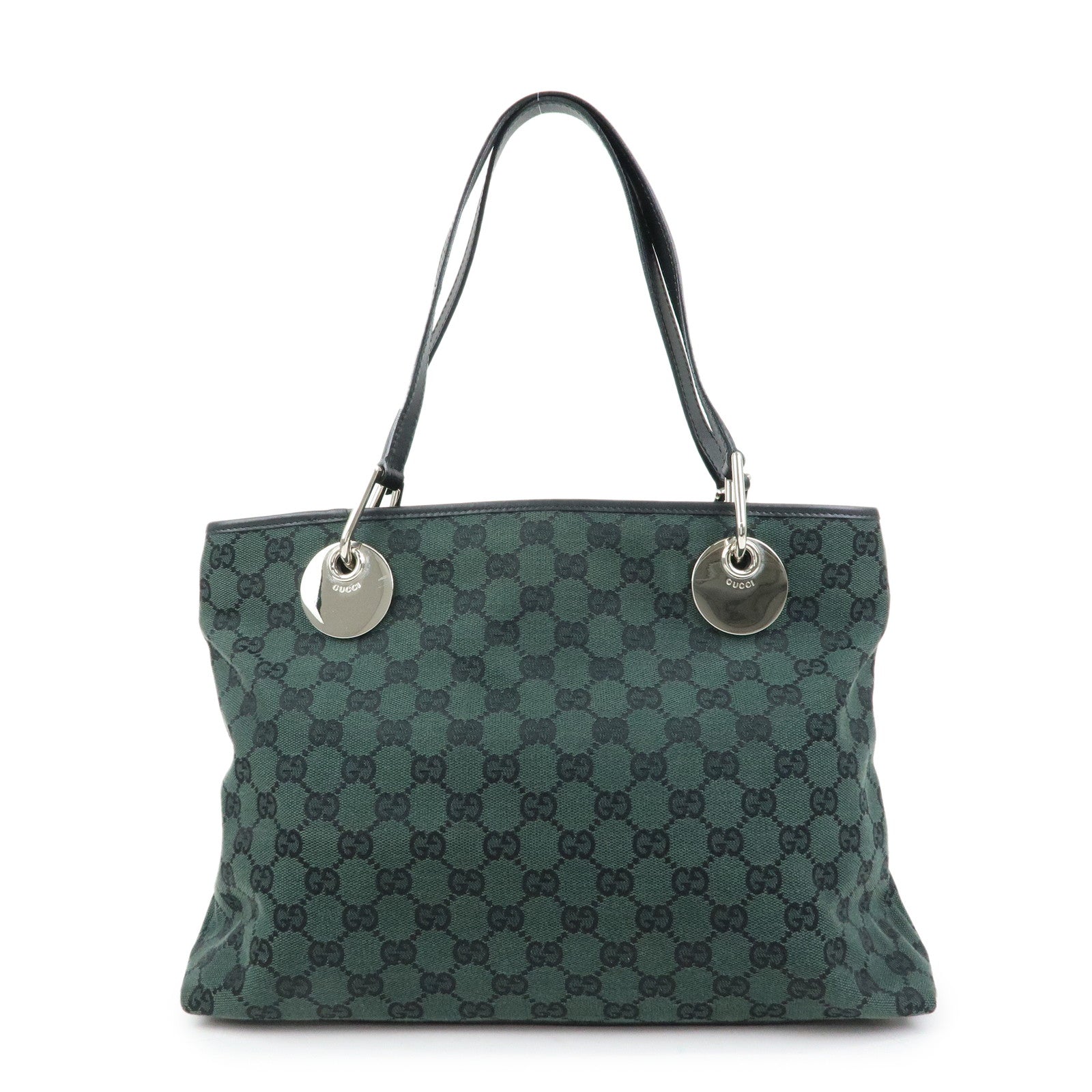 GUCCI GG Canvas Leather Tote Bag Hand Bag Green Black 285583
