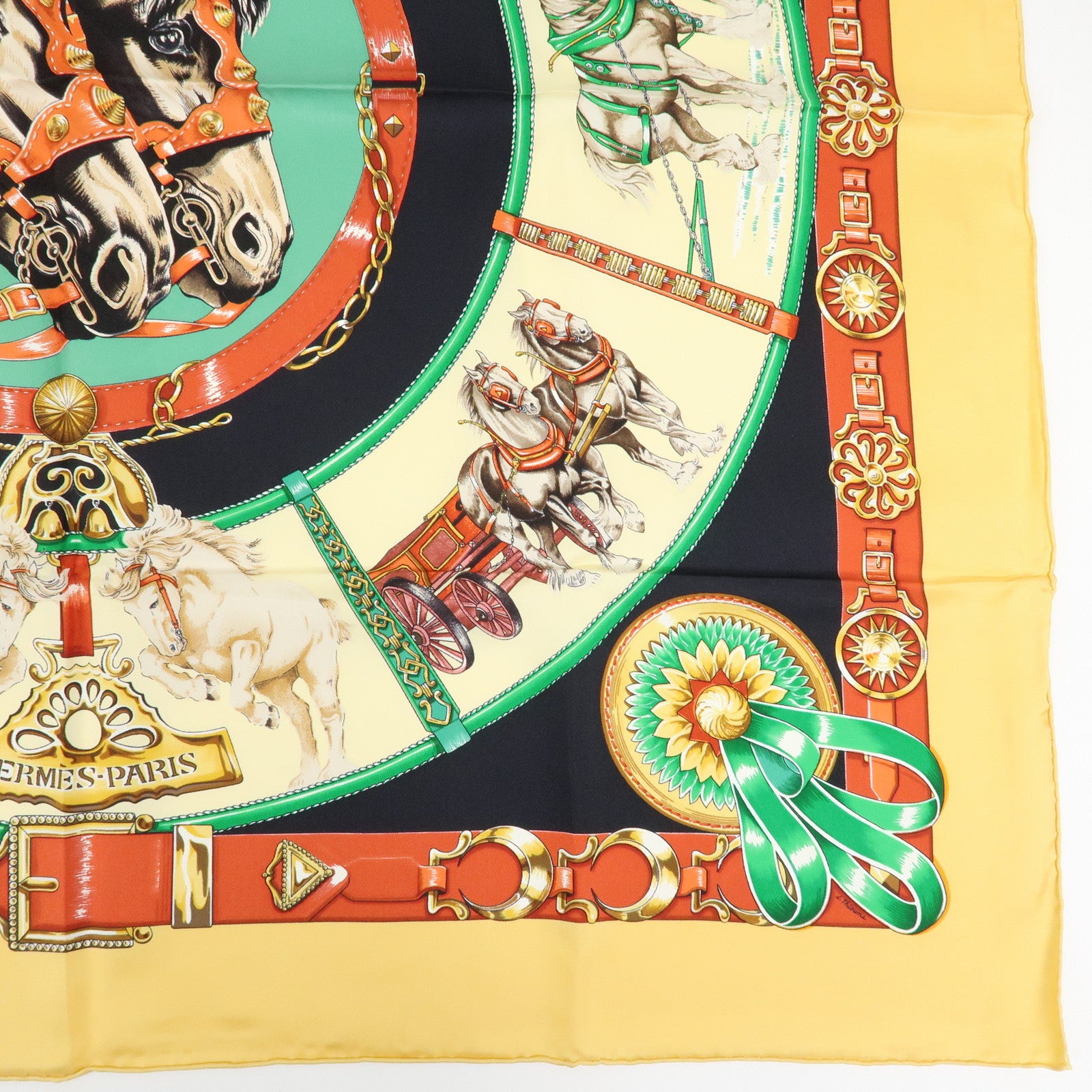 HERMES Carre 90 Silk 100% Scarf CHEVAUX DE TRAIT Black Beige