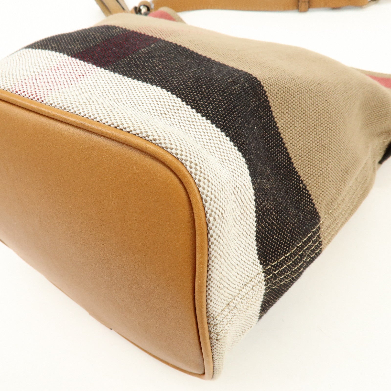 BURBERRY Nova Plaid Canvas Leather Tassel Shoulder Bag Beige Camel