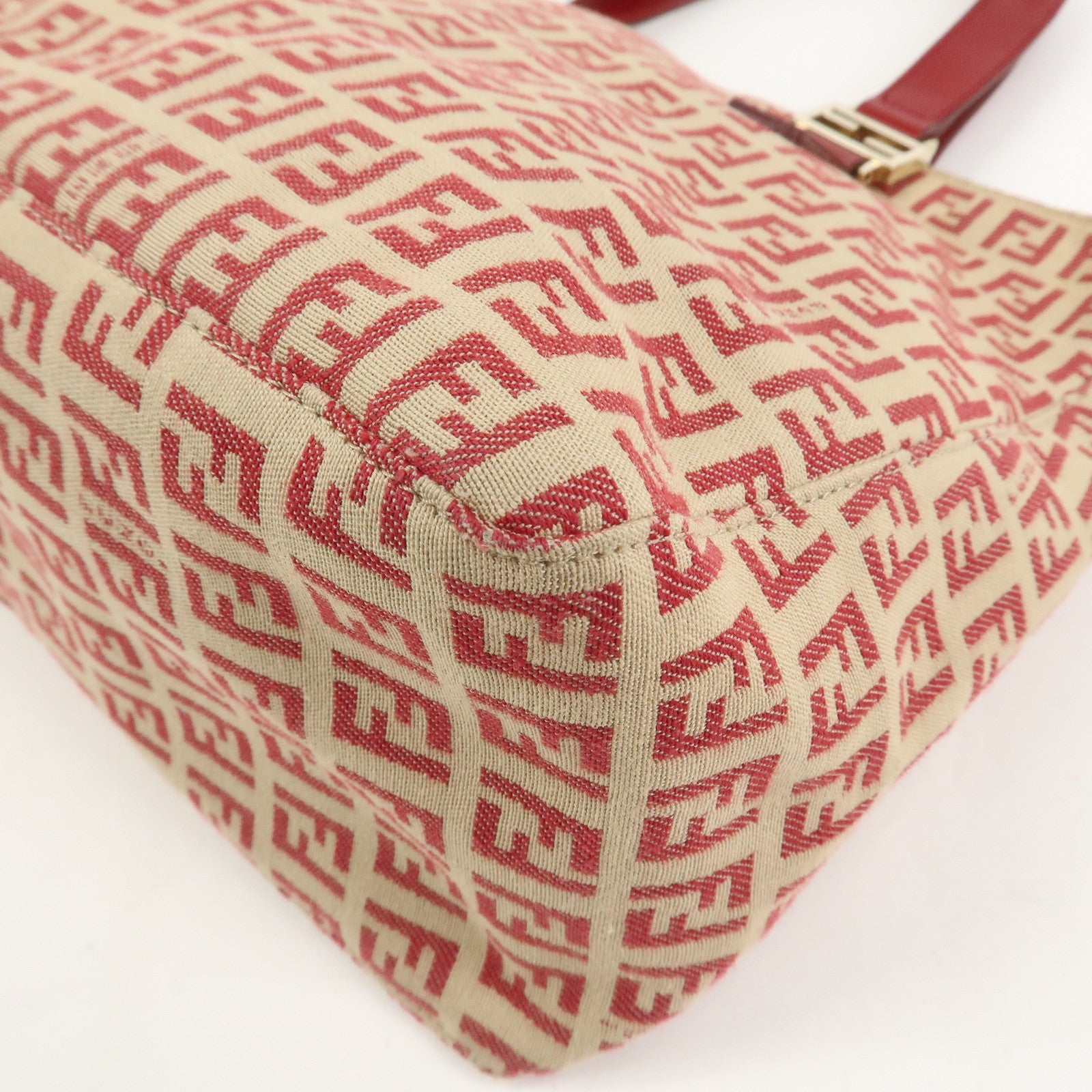 FENDI Zucchino Canvas Leather Tote Bag Hand Bag Beige Red 8BH134