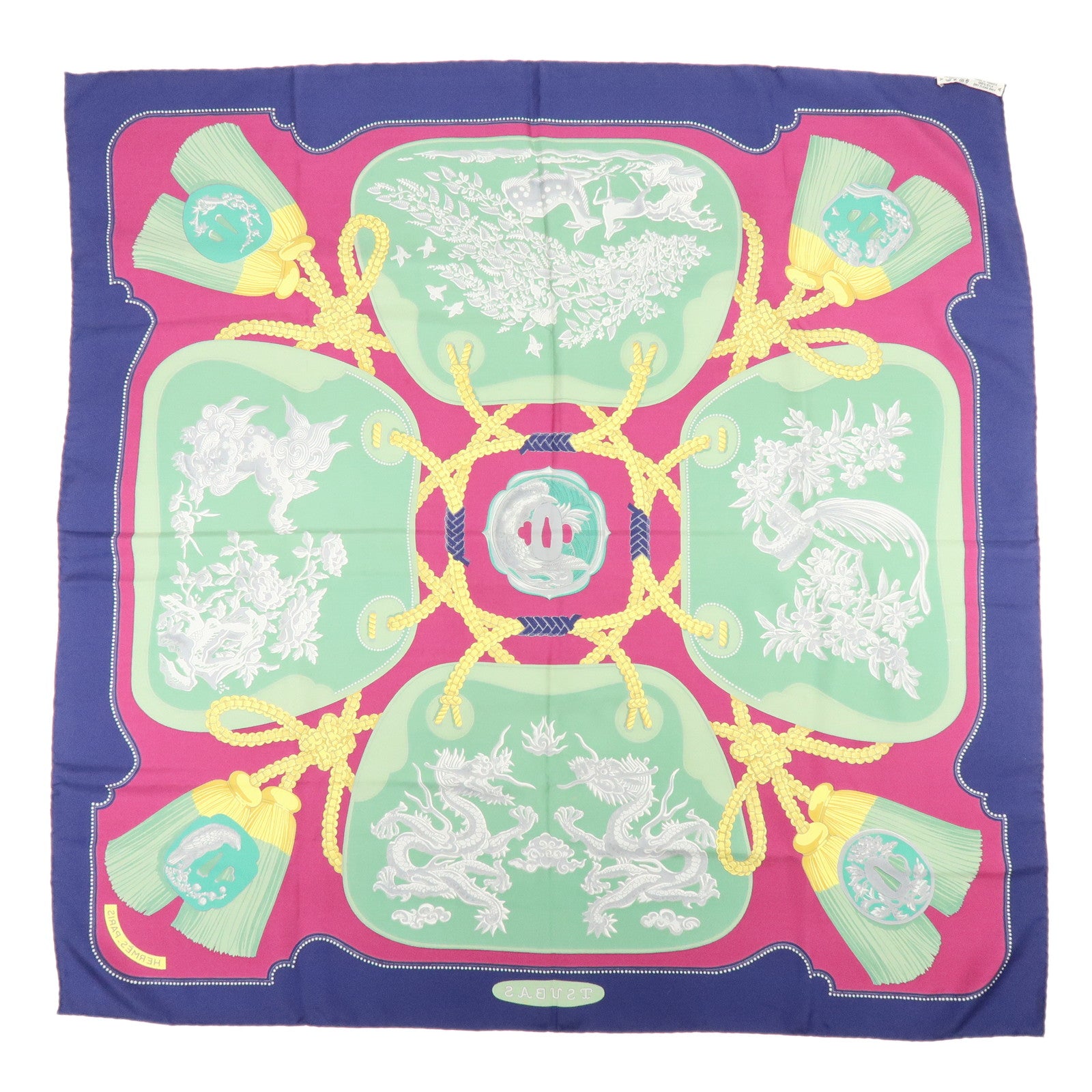 HERMES Carre 90 Silk 100% Scarf TSUBAS Guard Print Purple Green