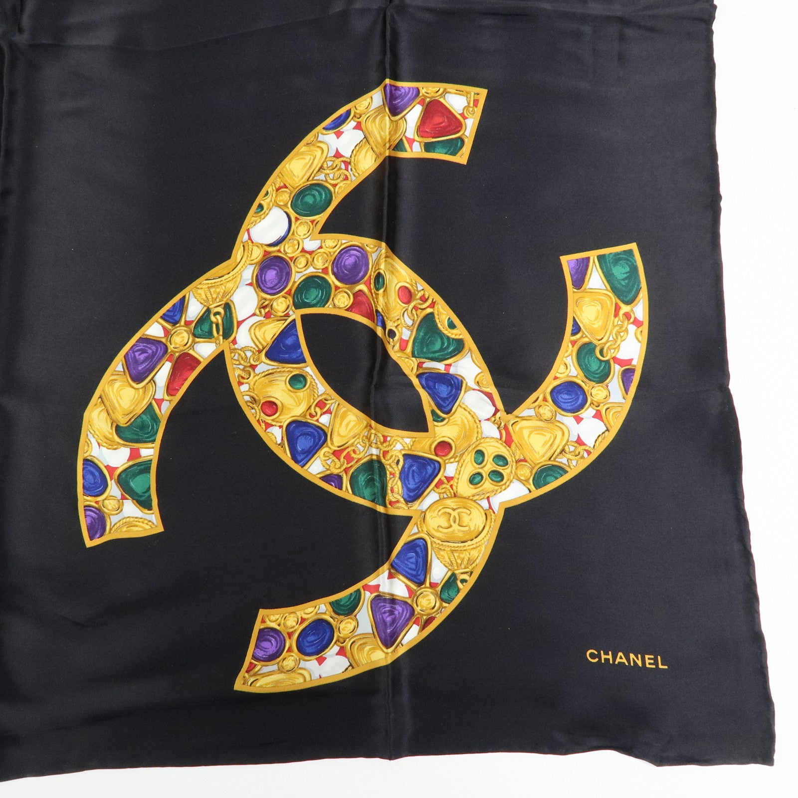 CHANEL COCO Mark Jewelry Silk 100% Scarf Black Yellow Multicolor